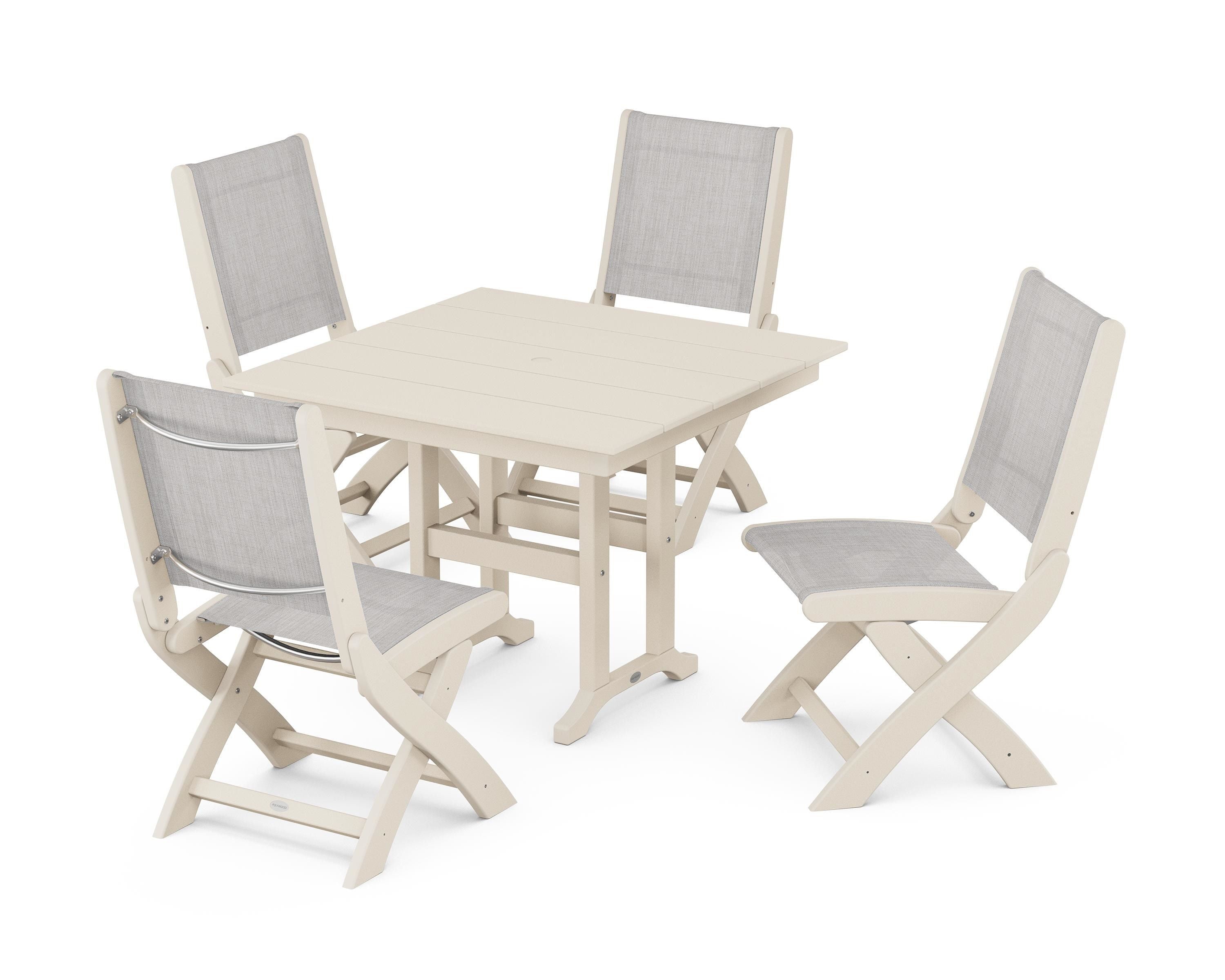 POLYWOOD Coastal Folding Side Chair 5-Piece Farmhouse Dining Set in Sand / Parchment Sling