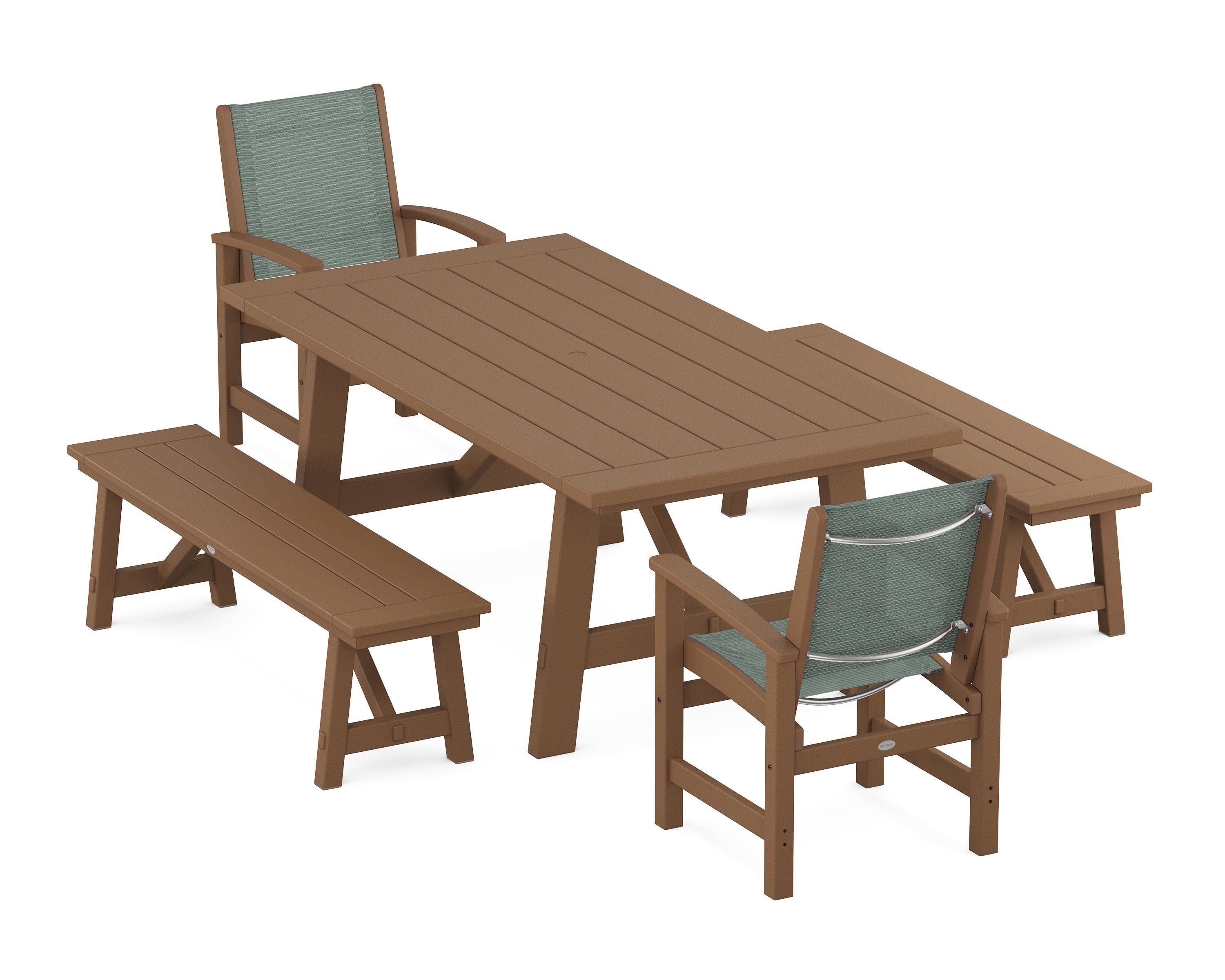 POLYWOOD Coastal 5-Piece Rustic Farmhouse Dining Set With Benches in Teak / Dupioni Sea Mist Sling