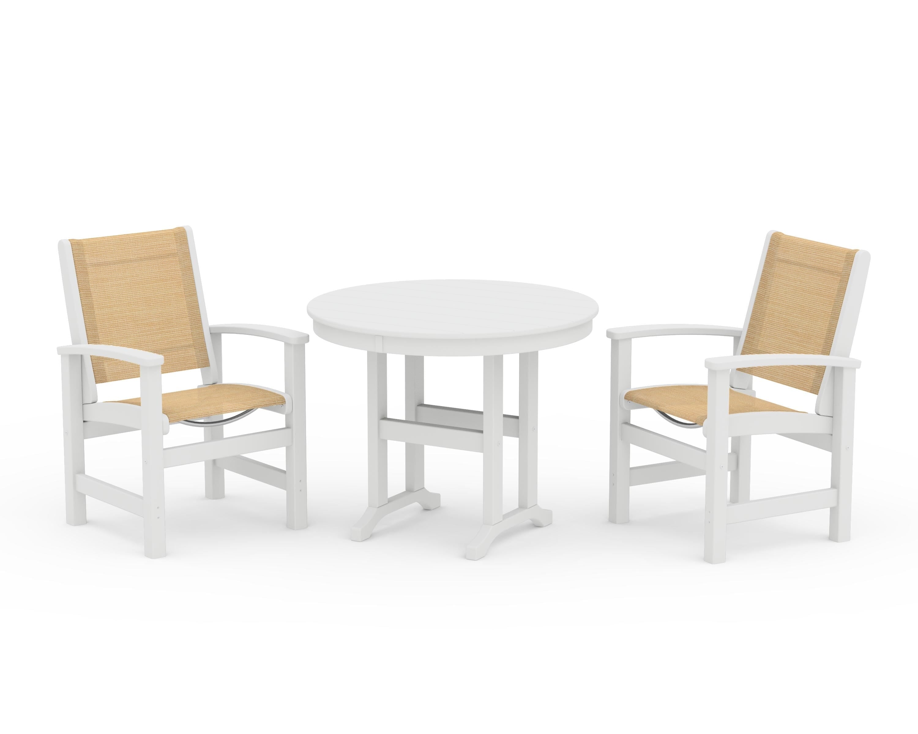POLYWOOD Coastal 3-Piece Round Dining Set in White / Dupioni Apricot Sling