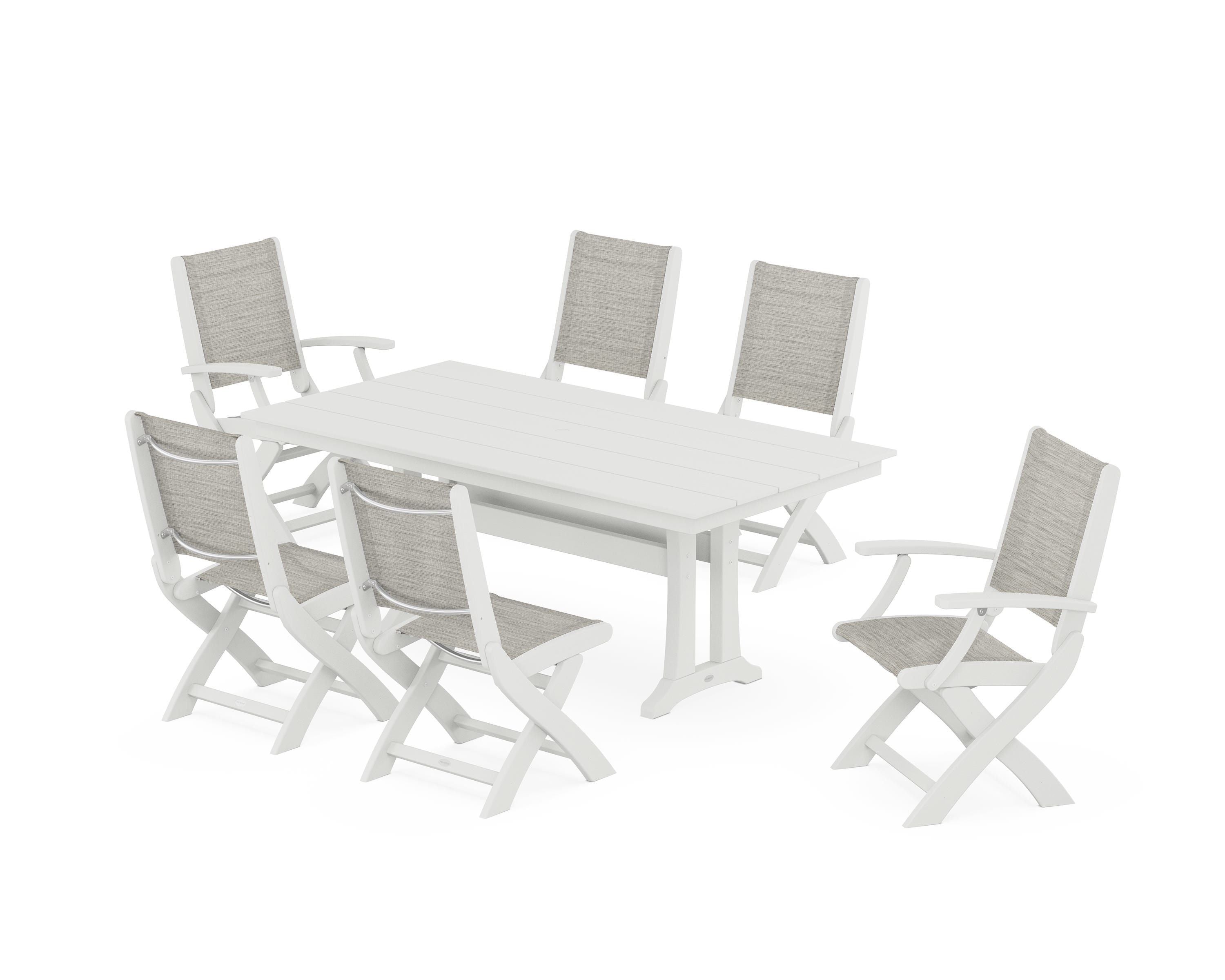 POLYWOOD Coastal Folding Chair 7-Piece Farmhouse Dining Set with Trestle Legs in Vintage White / Birch Sling