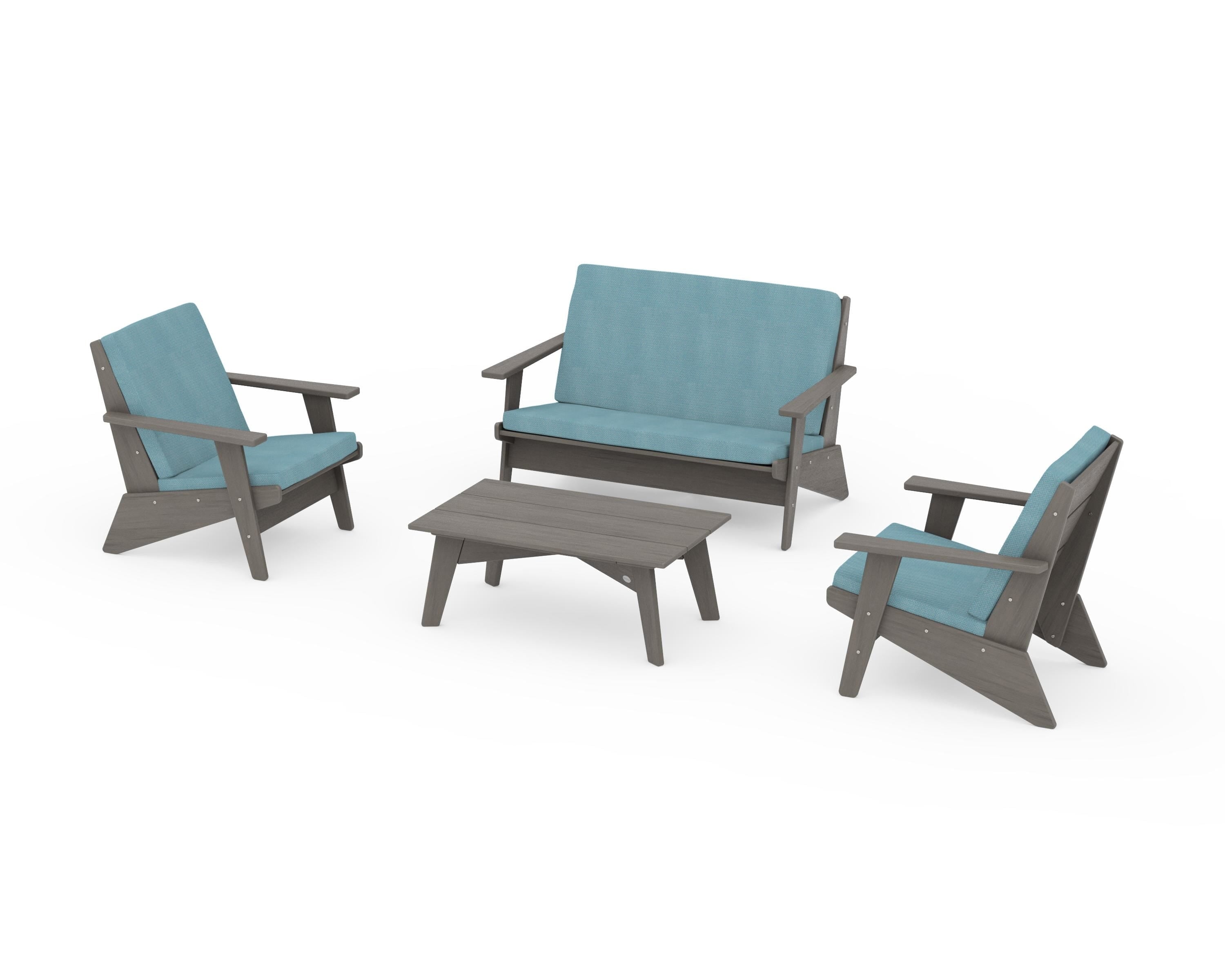 POLYWOOD Riviera Modern Lounge 4-Piece Set in Driftwood / Lattice Sky Blue