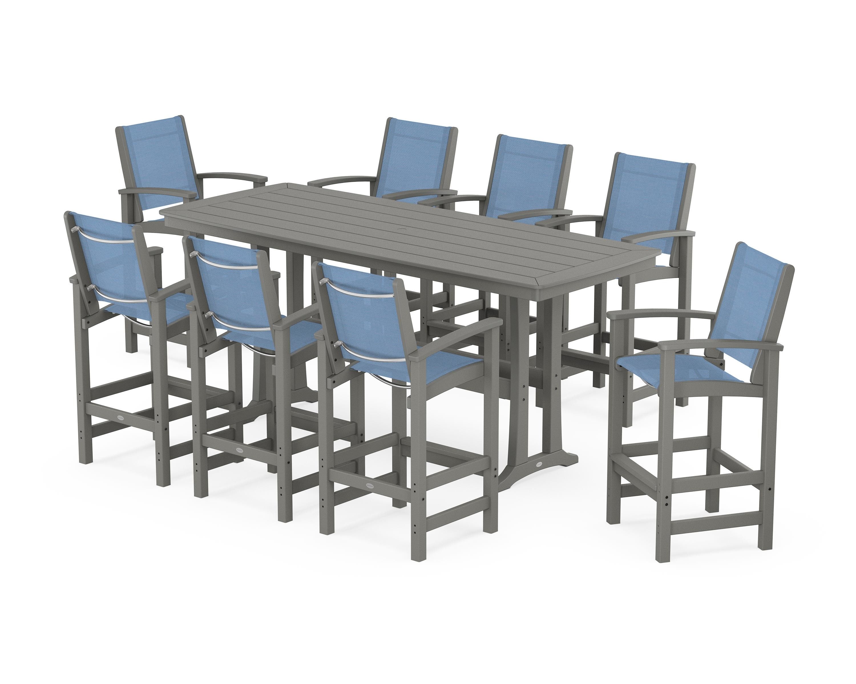 POLYWOOD Coastal 9-Piece Bar Set with Trestle Legs in Slate Grey / Poolside Sling
