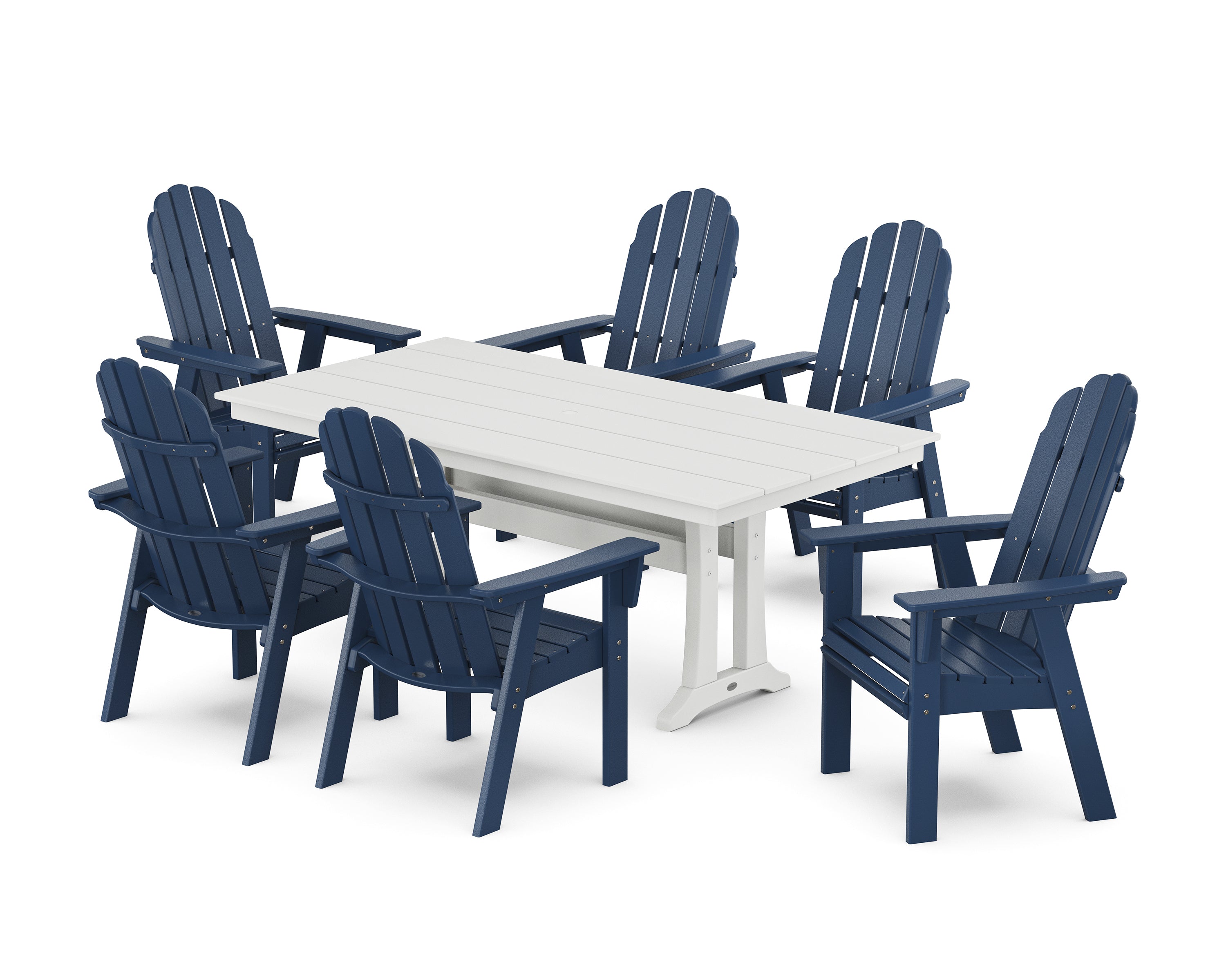 POLYWOOD Vineyard Curveback Adirondack Chair 7-Piece Farmhouse Dining Set with Trestle Legs in Navy / White