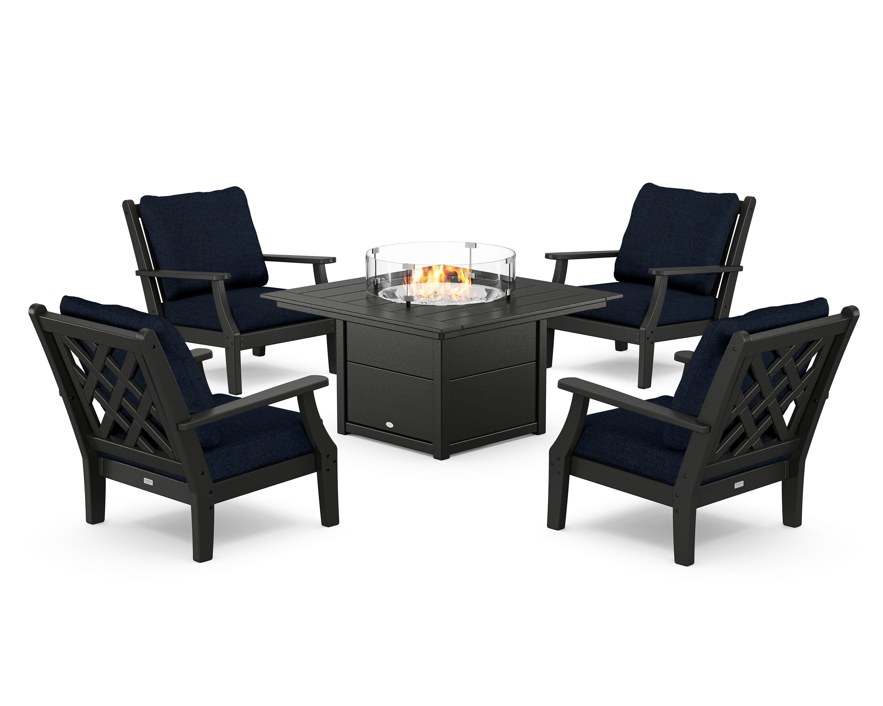Country Living Wovendale 5-Piece Deep Seating Set with Fire Pit Table in Black / Marine Indigo