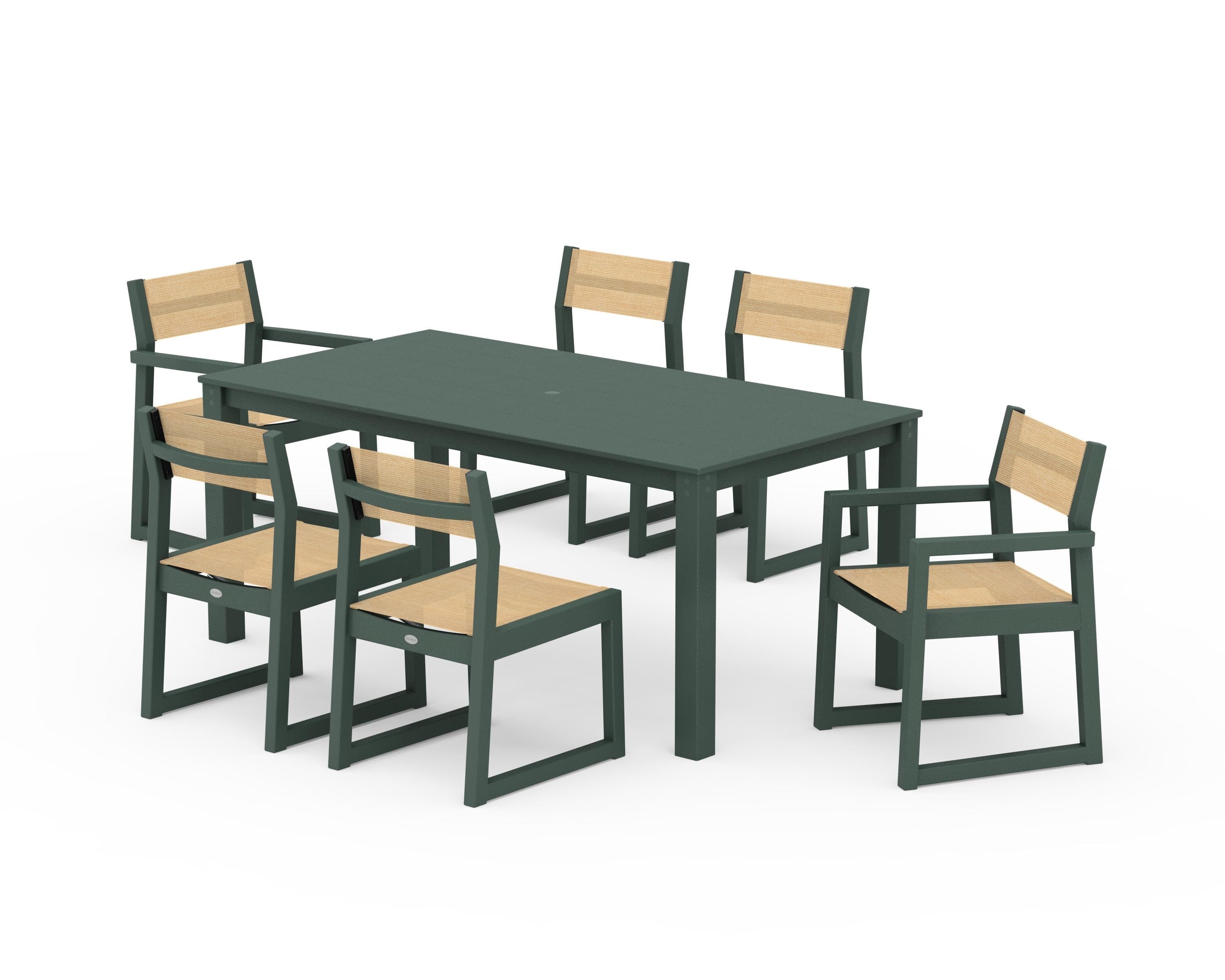 POLYWOOD EDGE Sling 7-Piece Parsons Dining Set in Green / Dupioni Apricot Sling