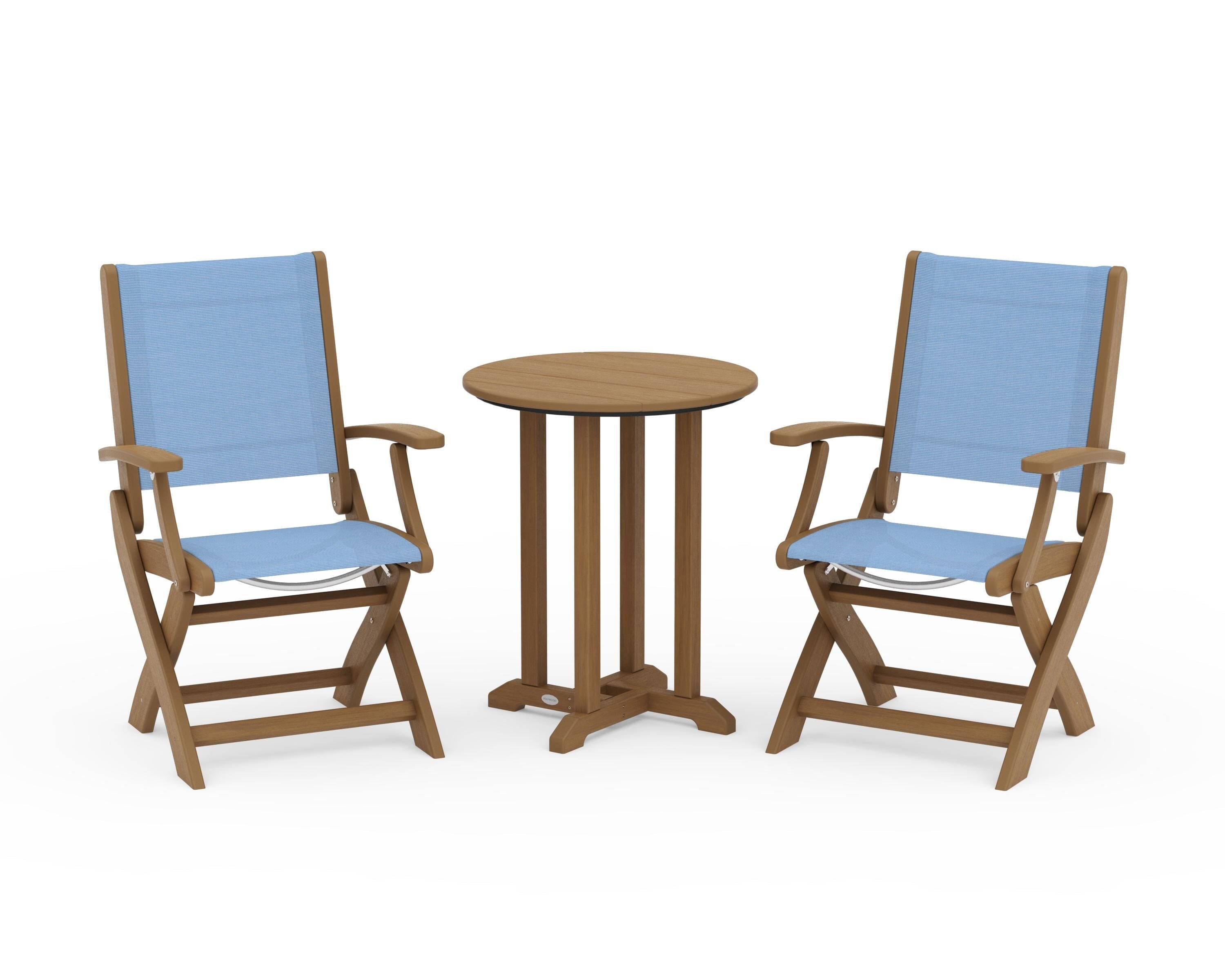 POLYWOOD Coastal Folding 3-Piece Round Bistro Dining Set in Natural / Poolside Sling