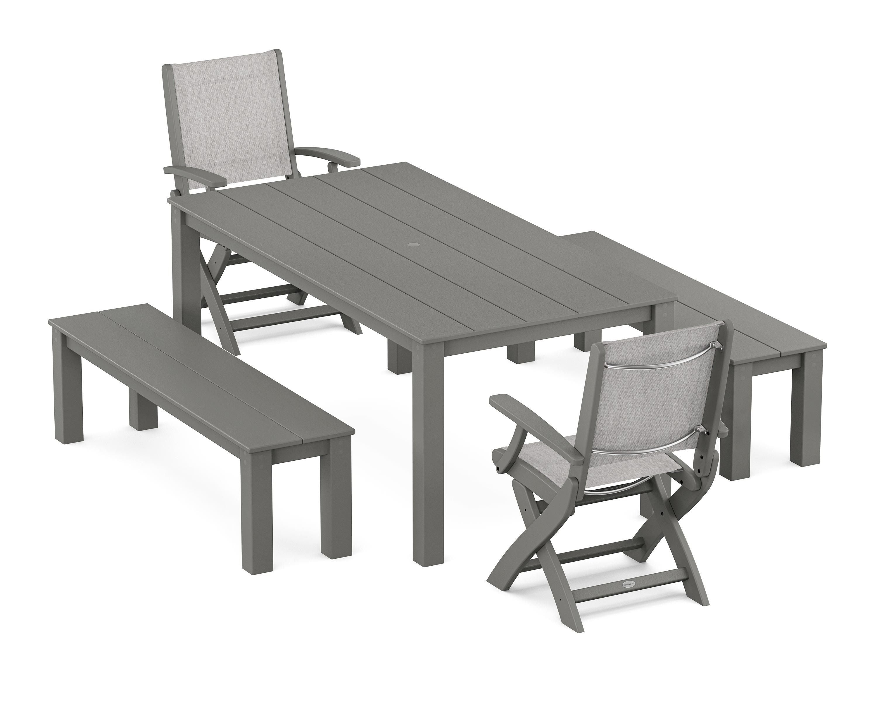POLYWOOD Coastal Folding Chair 5-Piece Parsons Dining Set with Benches in White / Dupioni Sea Mist Sling