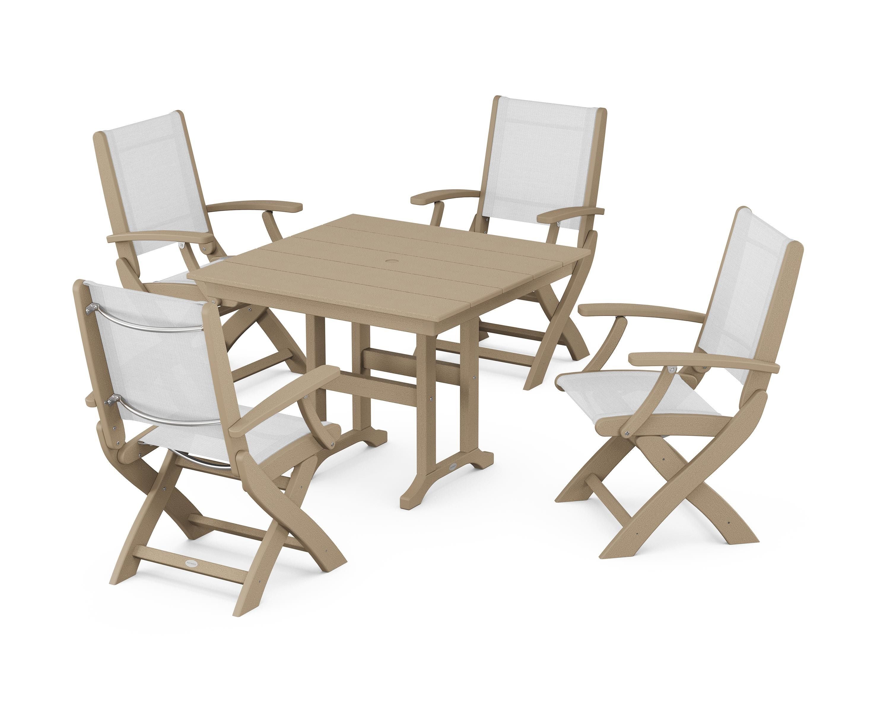 POLYWOOD Coastal Folding Chair 5-Piece Farmhouse Dining Set in Vintage Sahara / White Sling