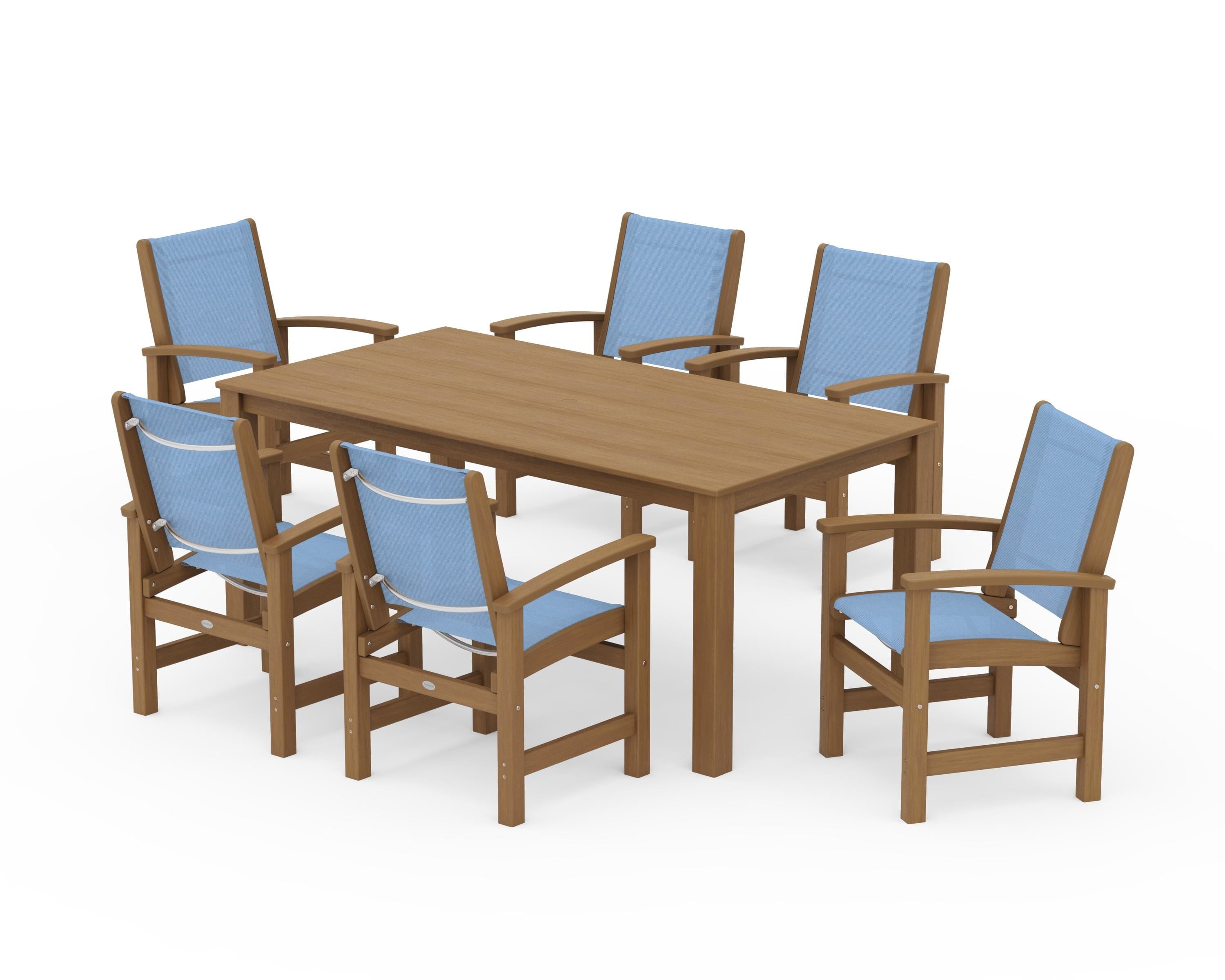 POLYWOOD Coastal 7-Piece Parsons Dining Set in Natural / Poolside Sling