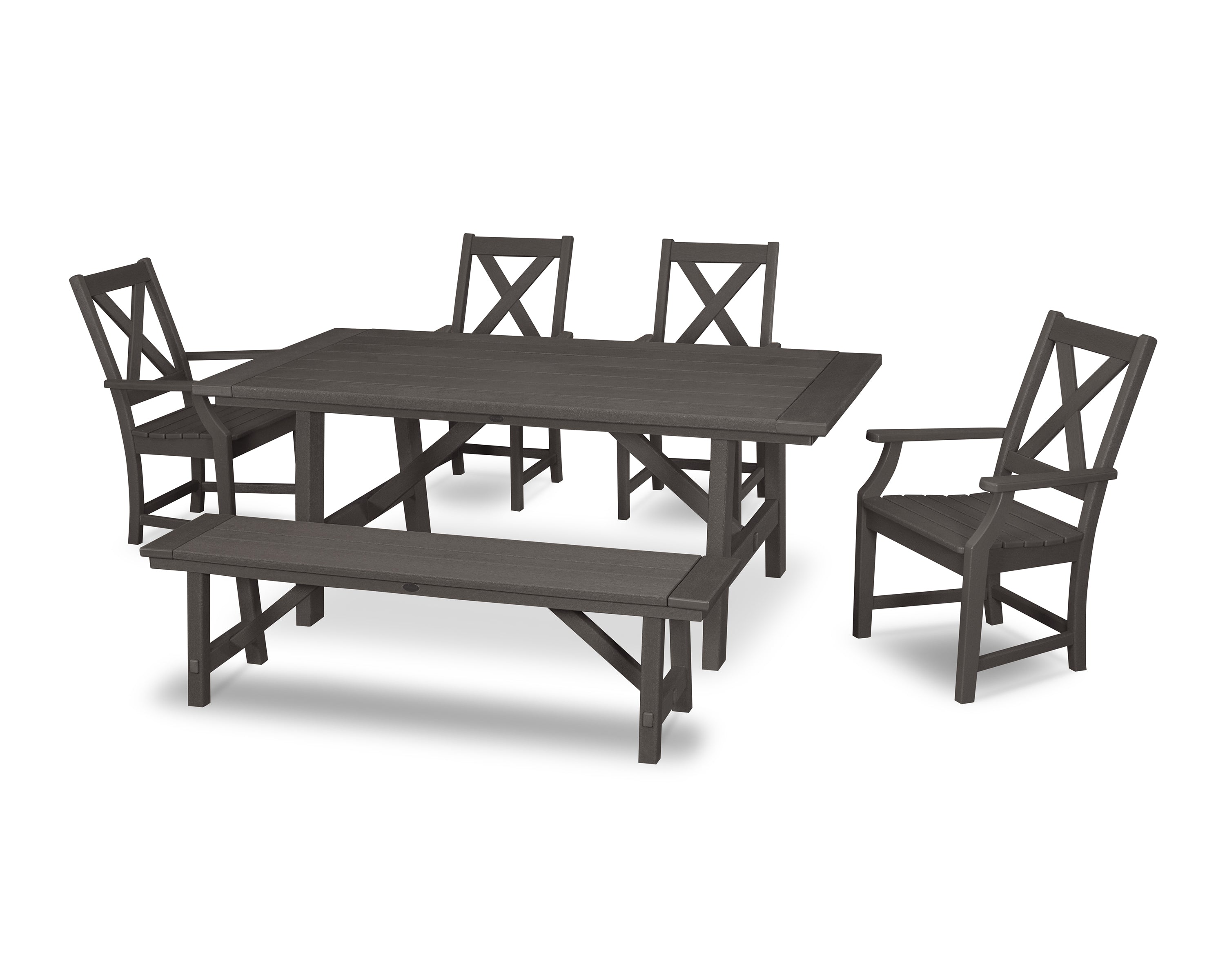 POLYWOOD® Braxton 6-Piece Rustic Farmhouse Arm Chair Dining Set with Bench in Vintage Coffee