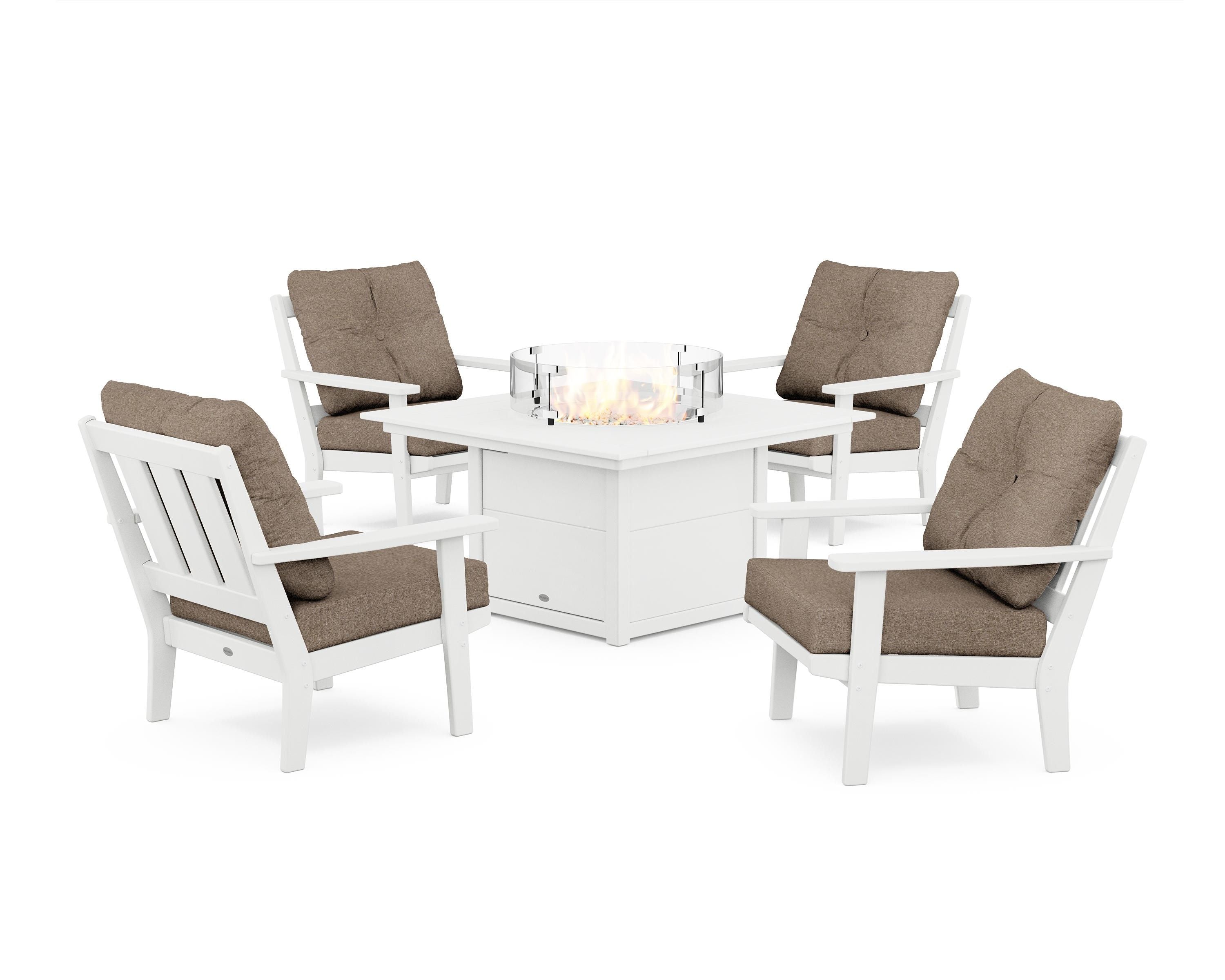 POLYWOOD Oxford 5-Piece Deep Seating Set with Fire Pit Table in White / Spiced Burlap
