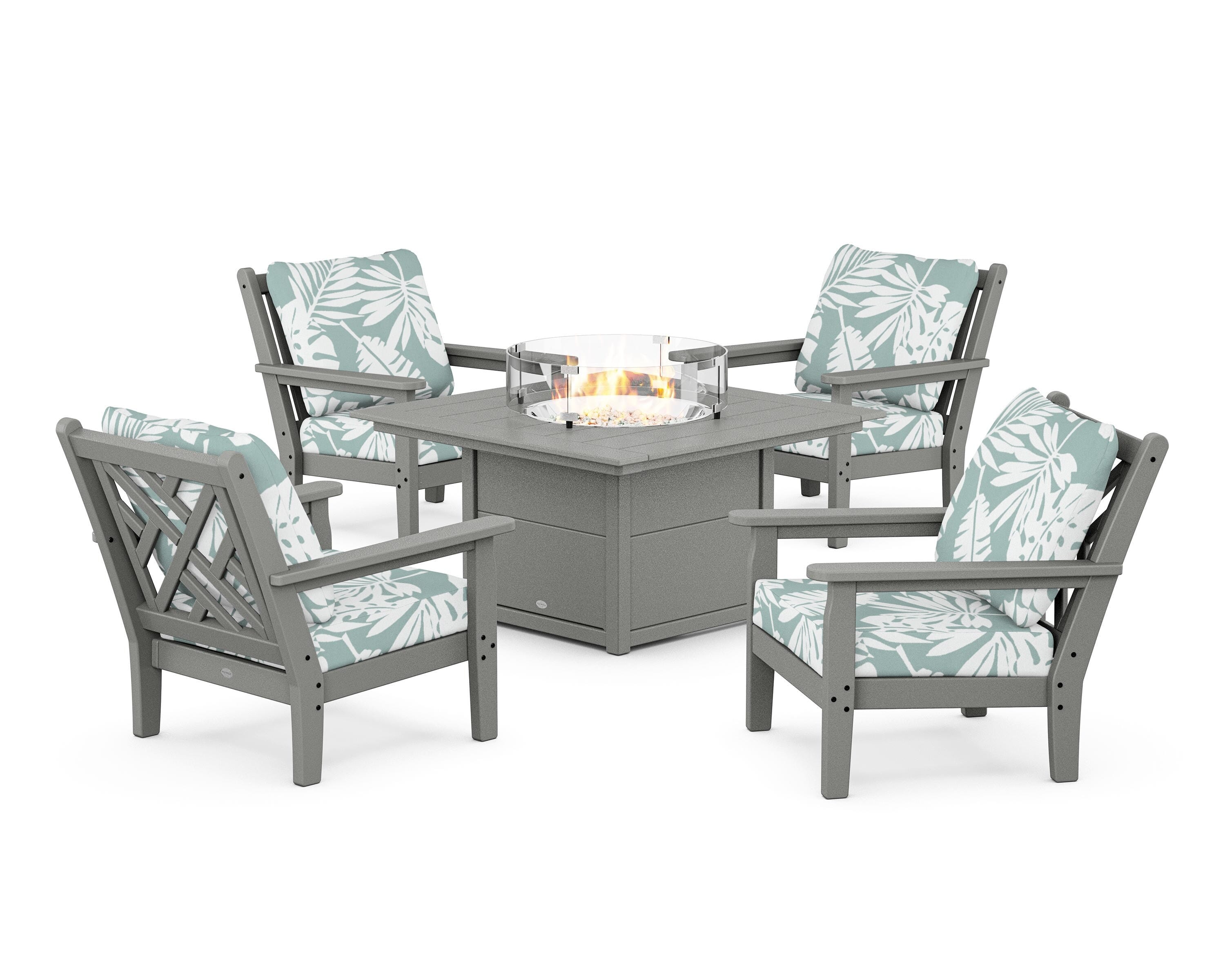 POLYWOOD Chippendale 5-Piece Deep Seating Set with Fire Pit Table in Slate Grey / Leaf Glacier Spa