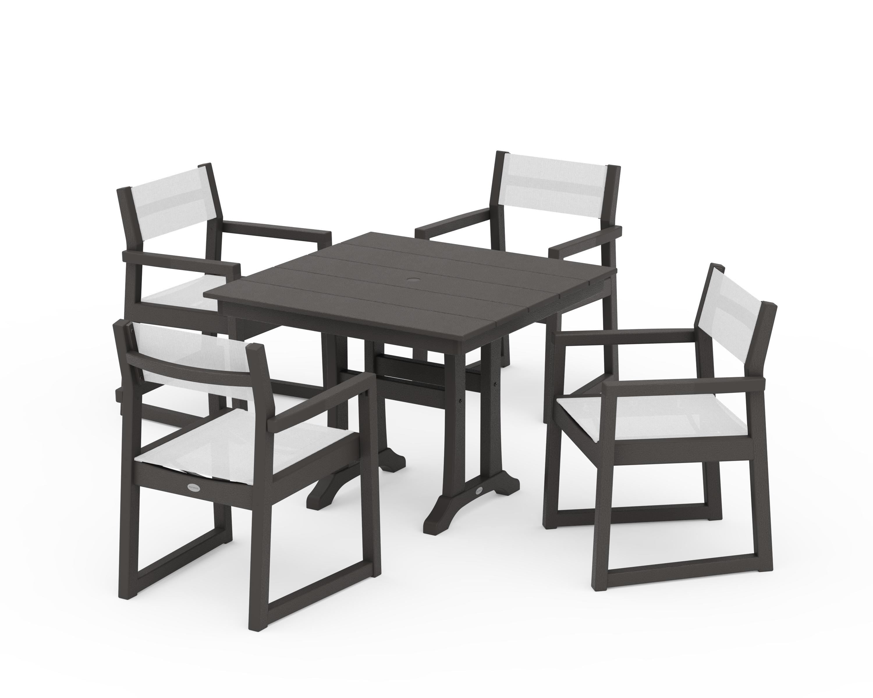 POLYWOOD EDGE Sling 5-Piece Farmhouse Dining Set with Trestle Legs in Vintage Coffee / White Sling