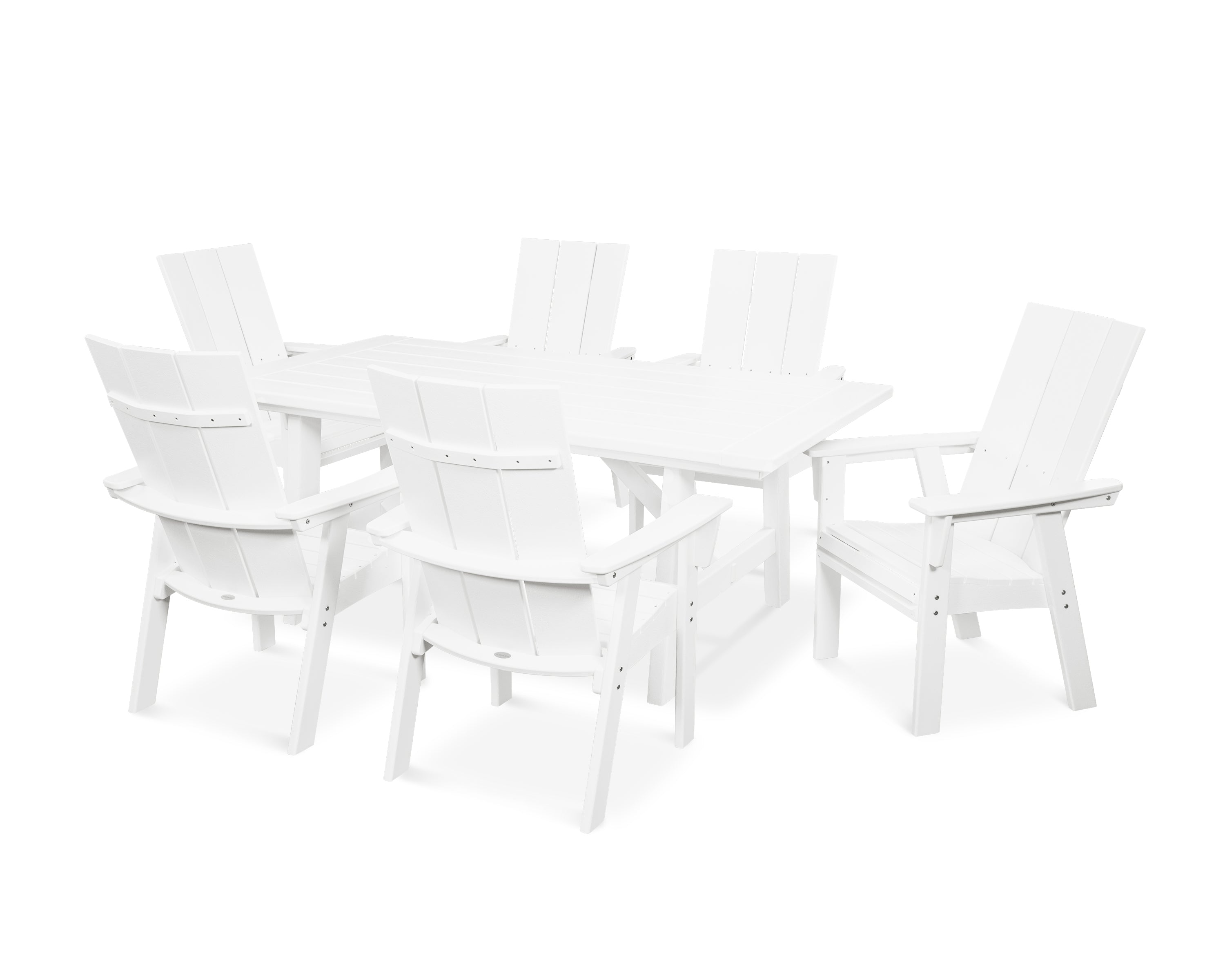 POLYWOOD® Modern Curveback Adirondack 7-Piece Rustic Farmhouse Dining Set in White