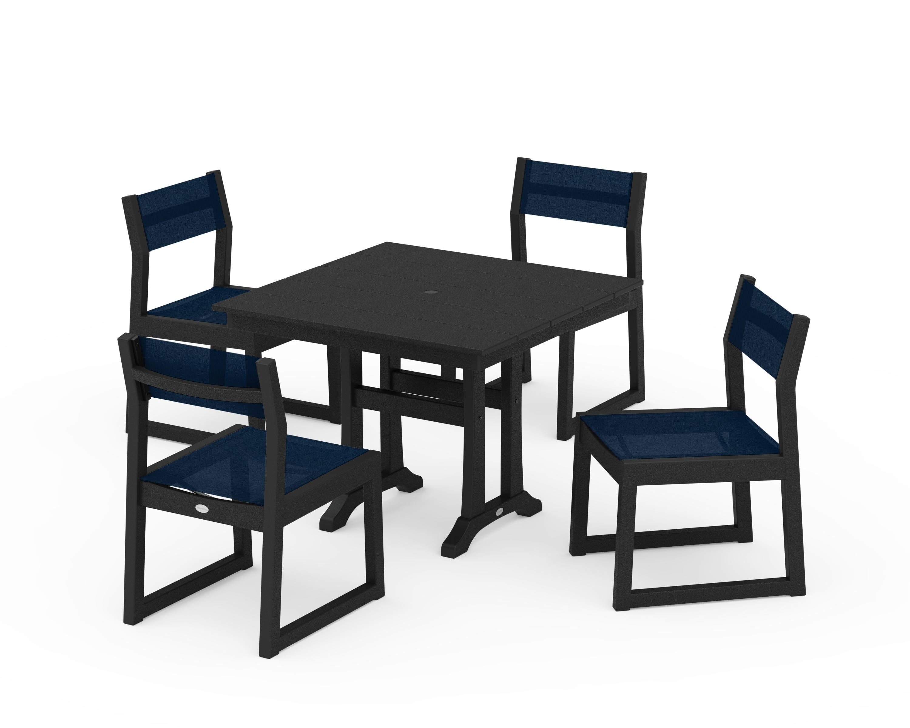 POLYWOOD EDGE Sling 5-Piece Farmhouse Trestle Side Chair Dining Set in Black / Navy Blue Sling