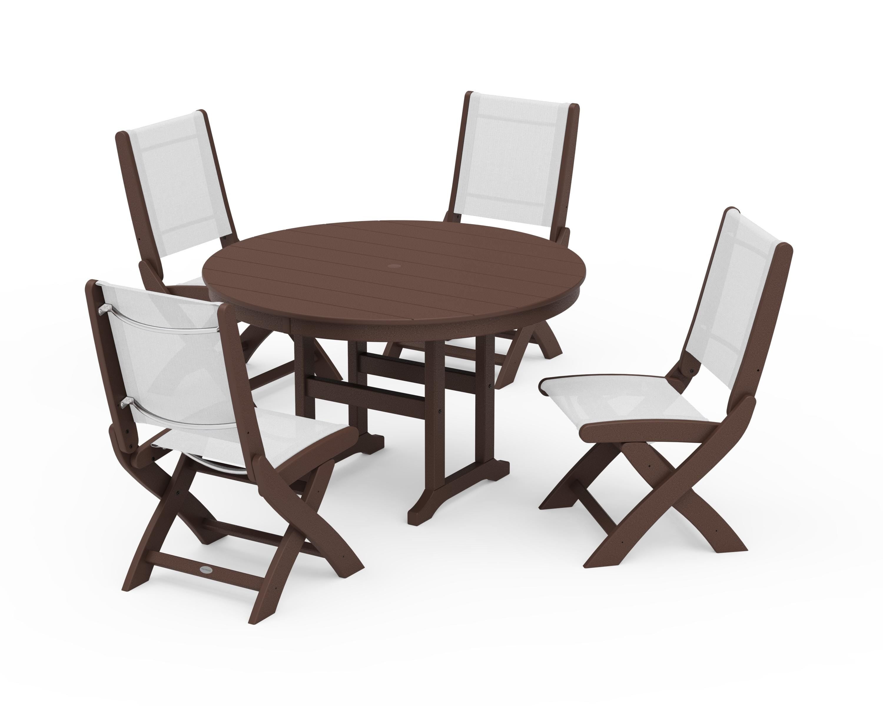 POLYWOOD Coastal Folding Side Chair 5-Piece Round Dining Set in Mahogany / White Sling