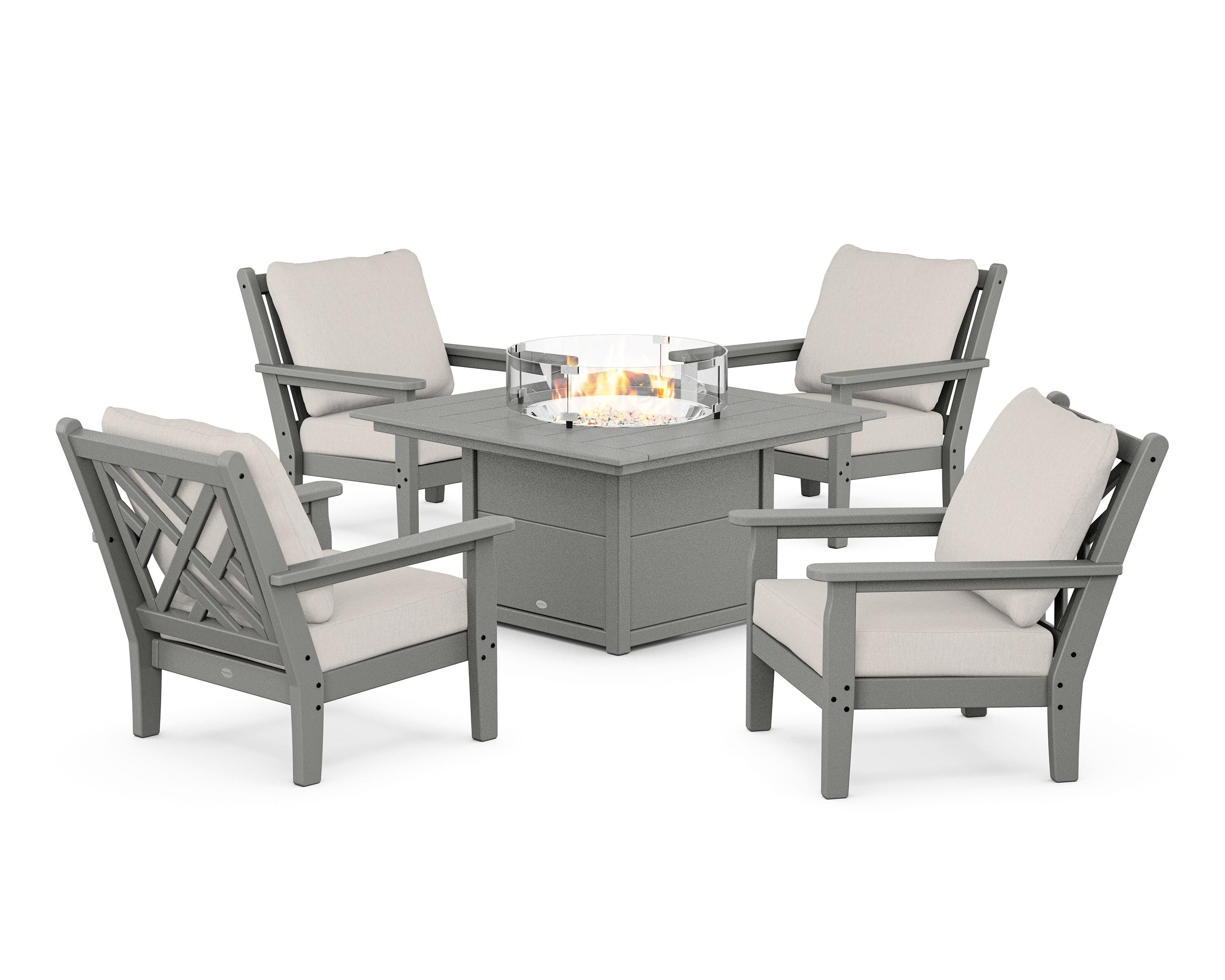 POLYWOOD Chippendale 5-Piece Deep Seating Set with Fire Pit Table in Slate Grey / Cast Ash