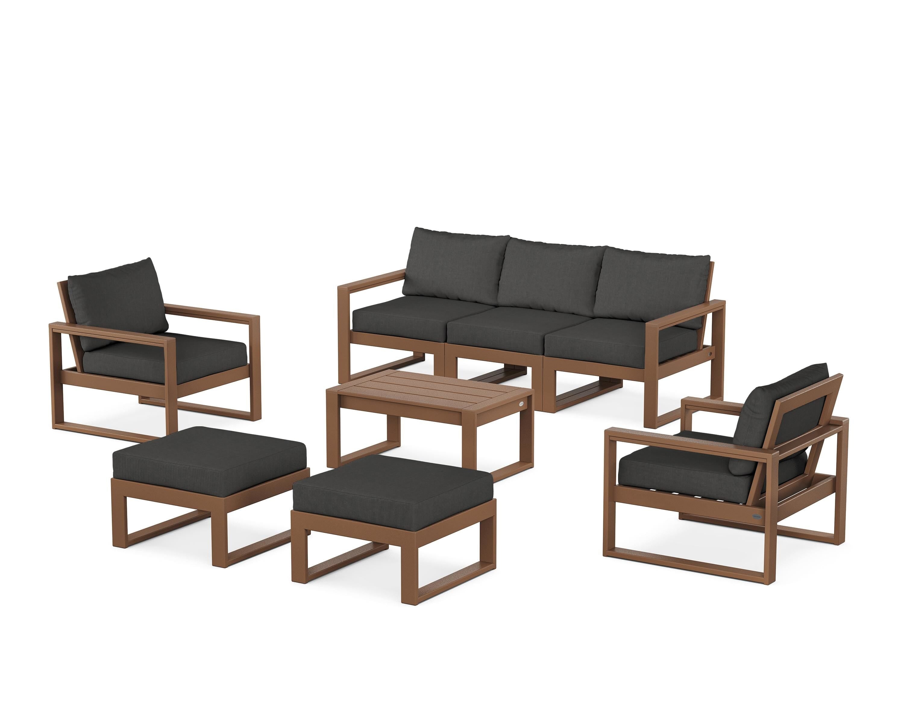 POLYWOOD EDGE Sectional 8-Piece Lounge Sofa Set in Teak / Spectrum Carbon