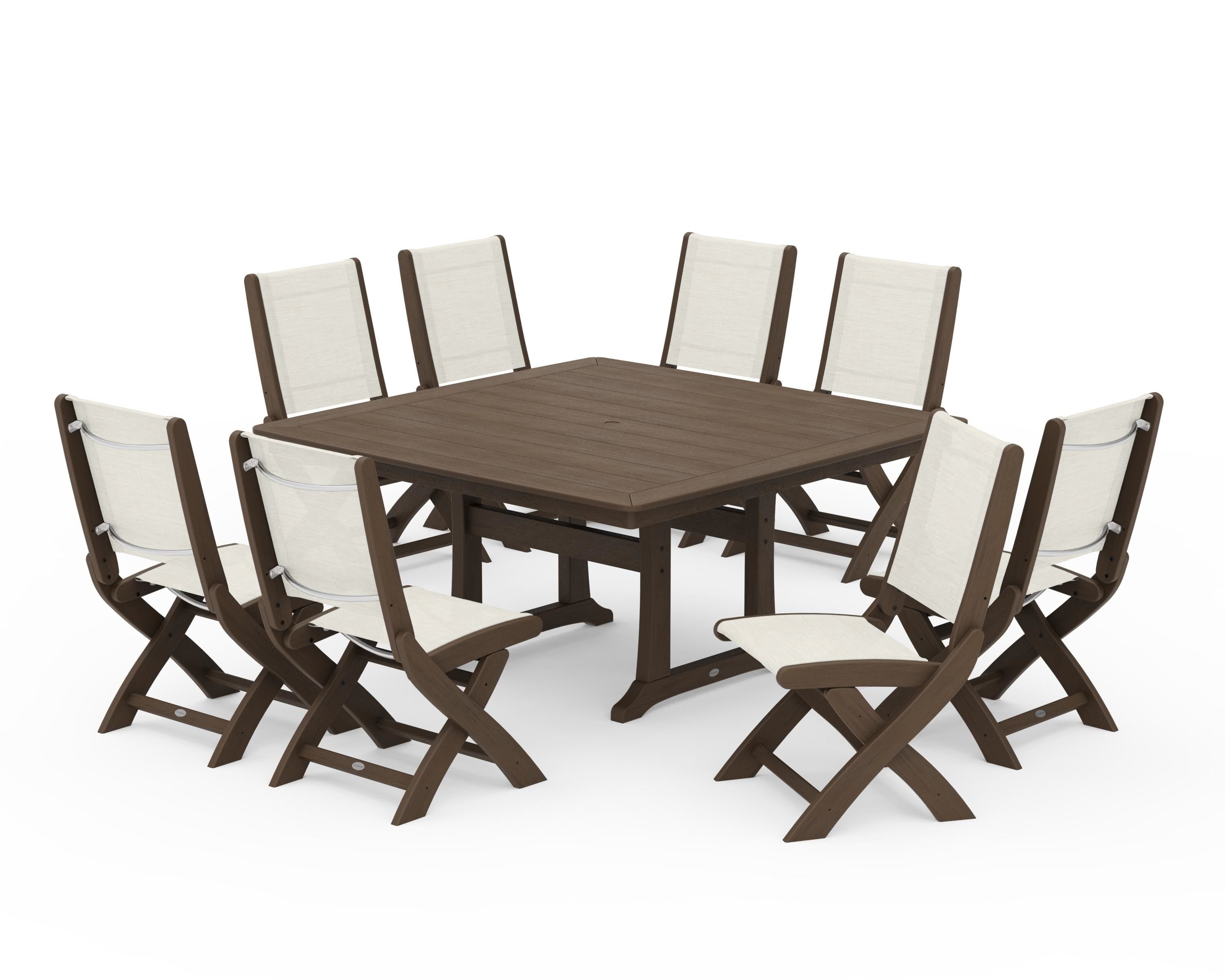 POLYWOOD Coastal Folding Side Chair 9-Piece Dining Set with Trestle Legs in Kona / Parchment Sling