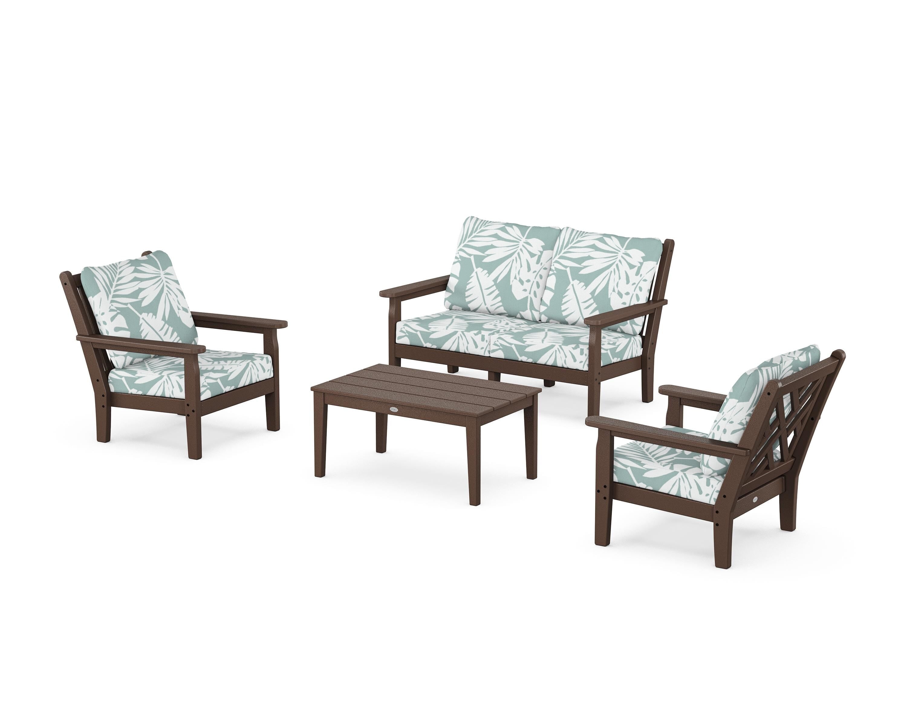 POLYWOOD Chippendale 4-Piece Deep Seating Set with Loveseat in Mahogany / Leaf Glacier Spa