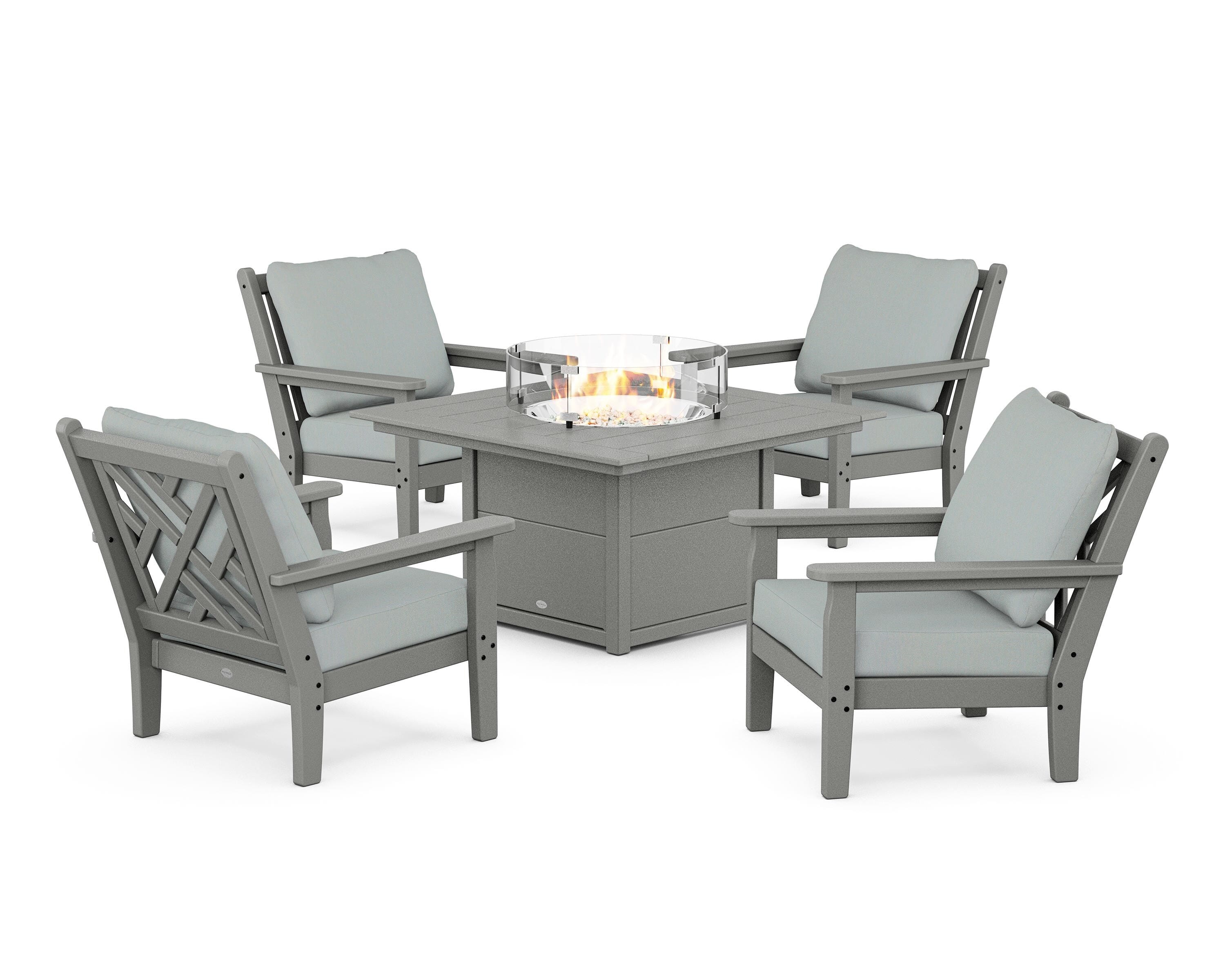 POLYWOOD Chippendale 5-Piece Deep Seating Set with Fire Pit Table in Slate Grey / Spa