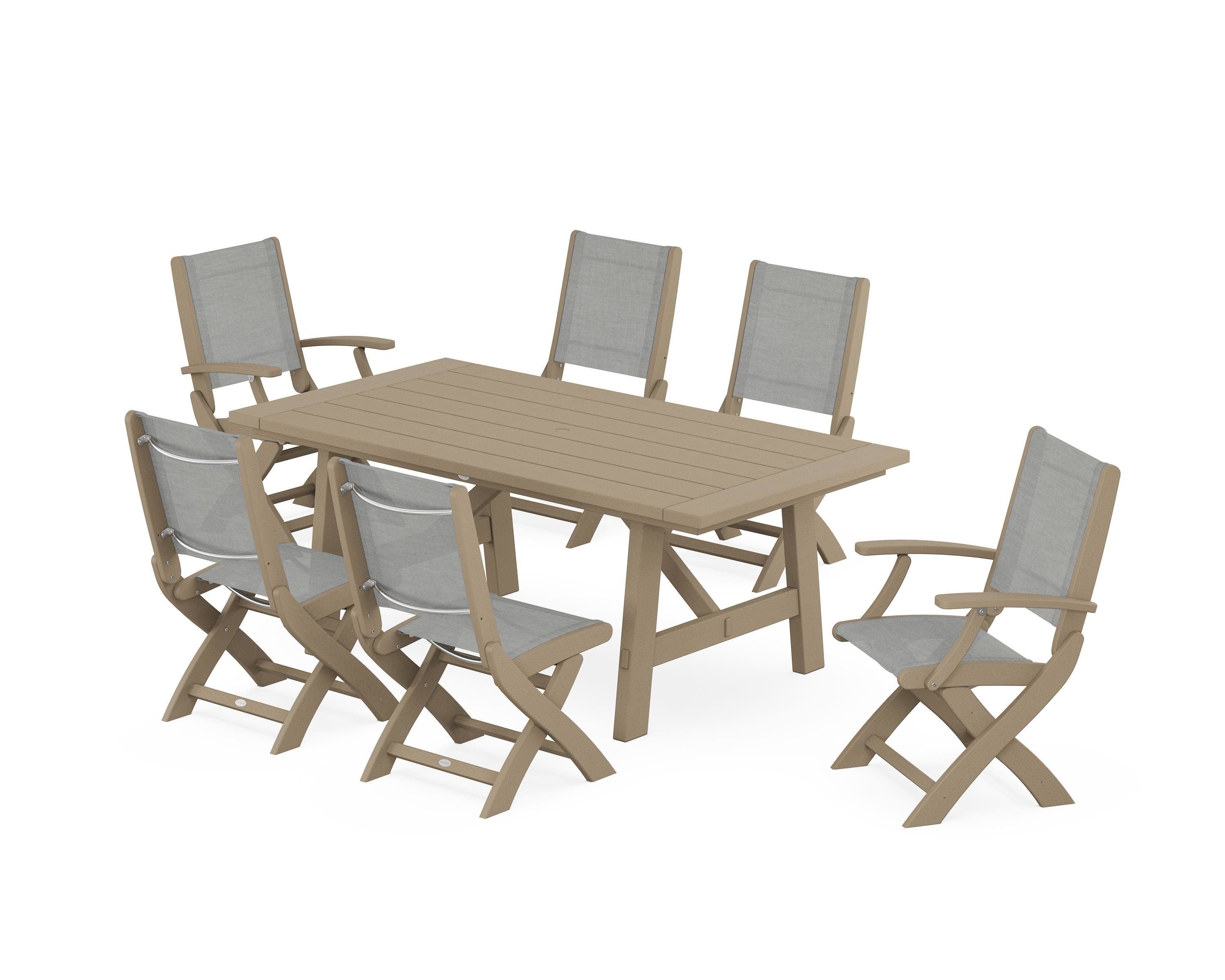 POLYWOOD Coastal Folding Chair 7-Piece Rustic Farmhouse Dining Set in Vintage Sahara / Metallic Sling