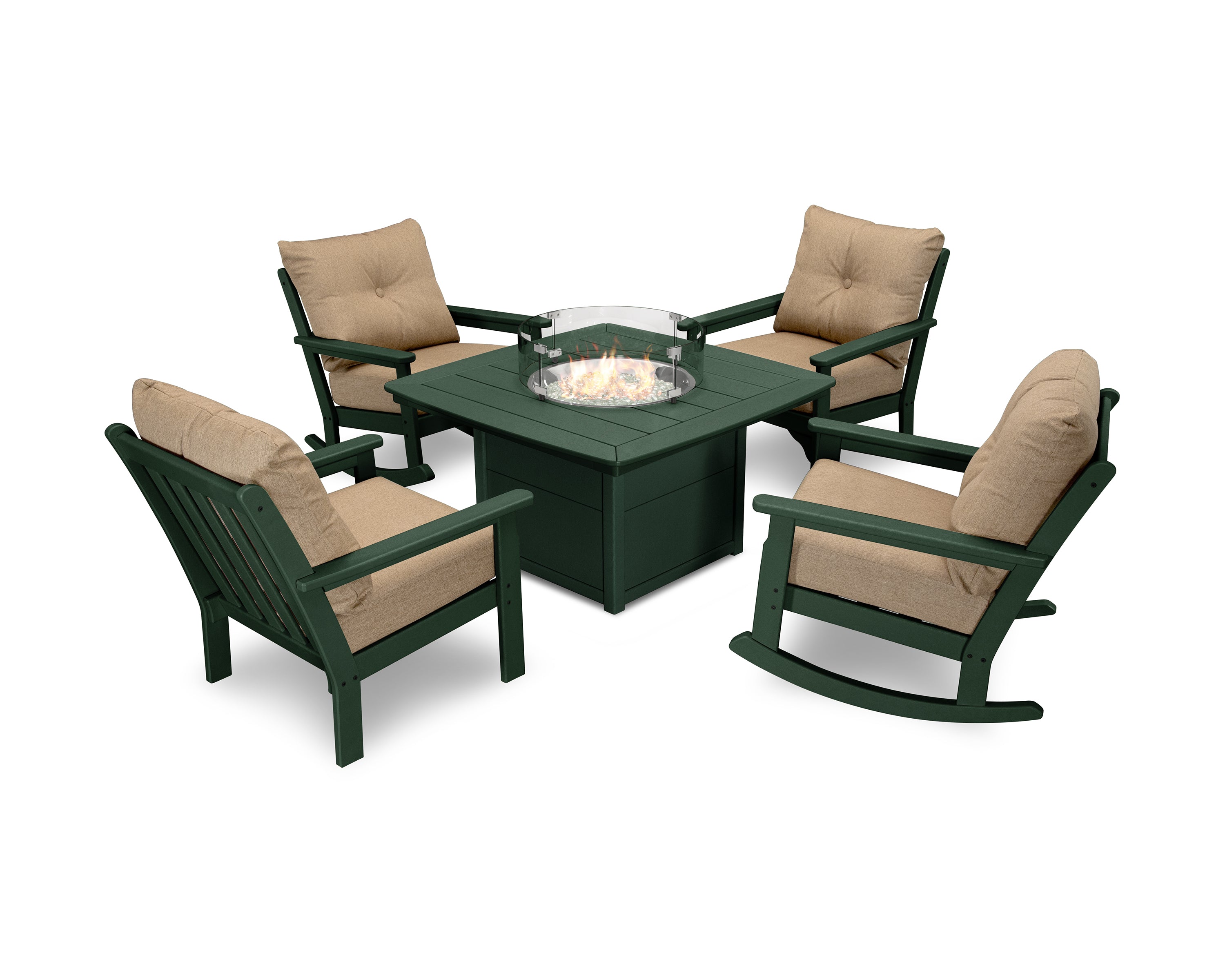 POLYWOOD Vineyard 5-Piece Deep Seating Rocking Chair Conversation Set with Fire Pit Table in Green / Sesame