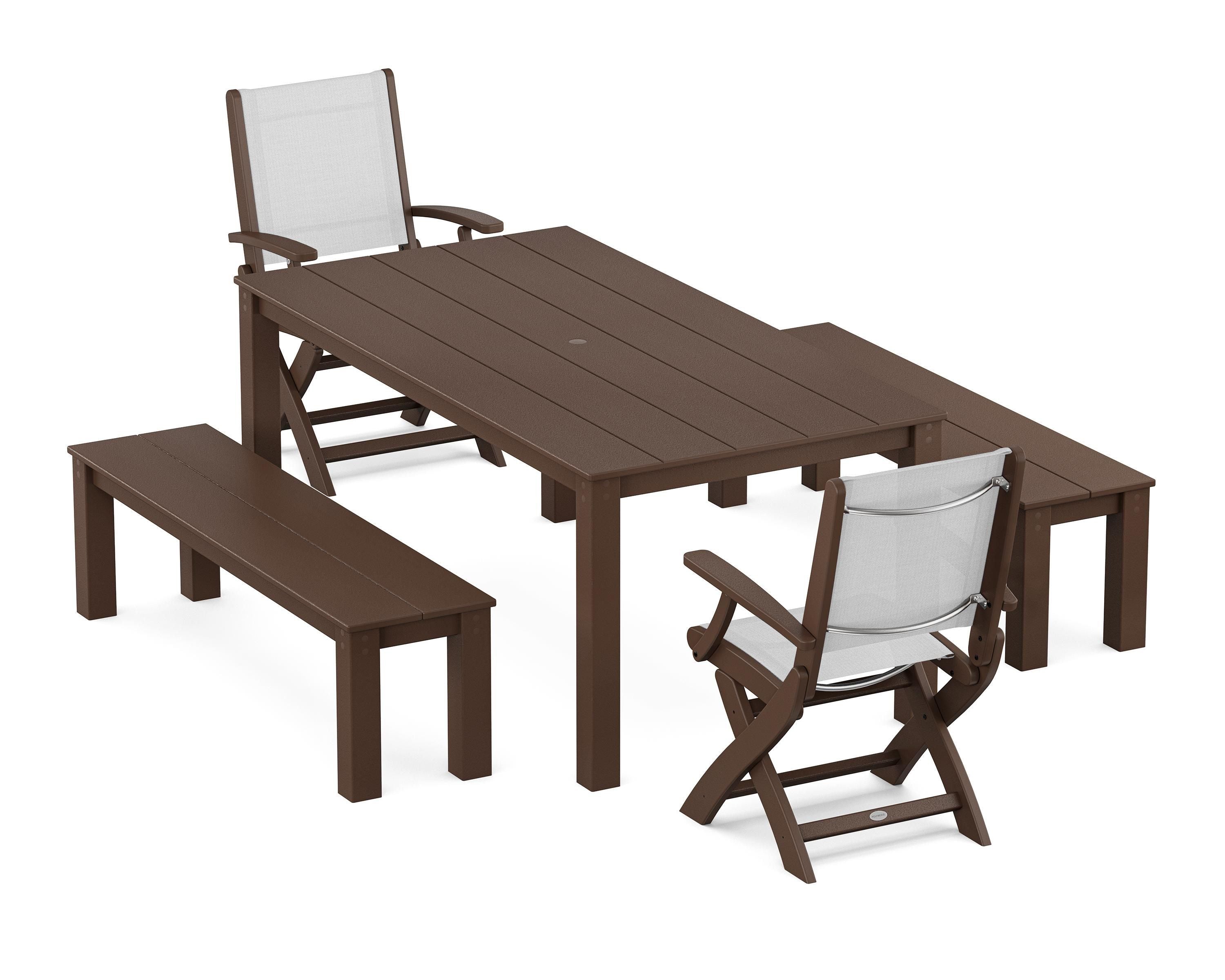 POLYWOOD Coastal Folding Chair 5-Piece Parsons Dining Set with Benches in Mahogany / White Sling