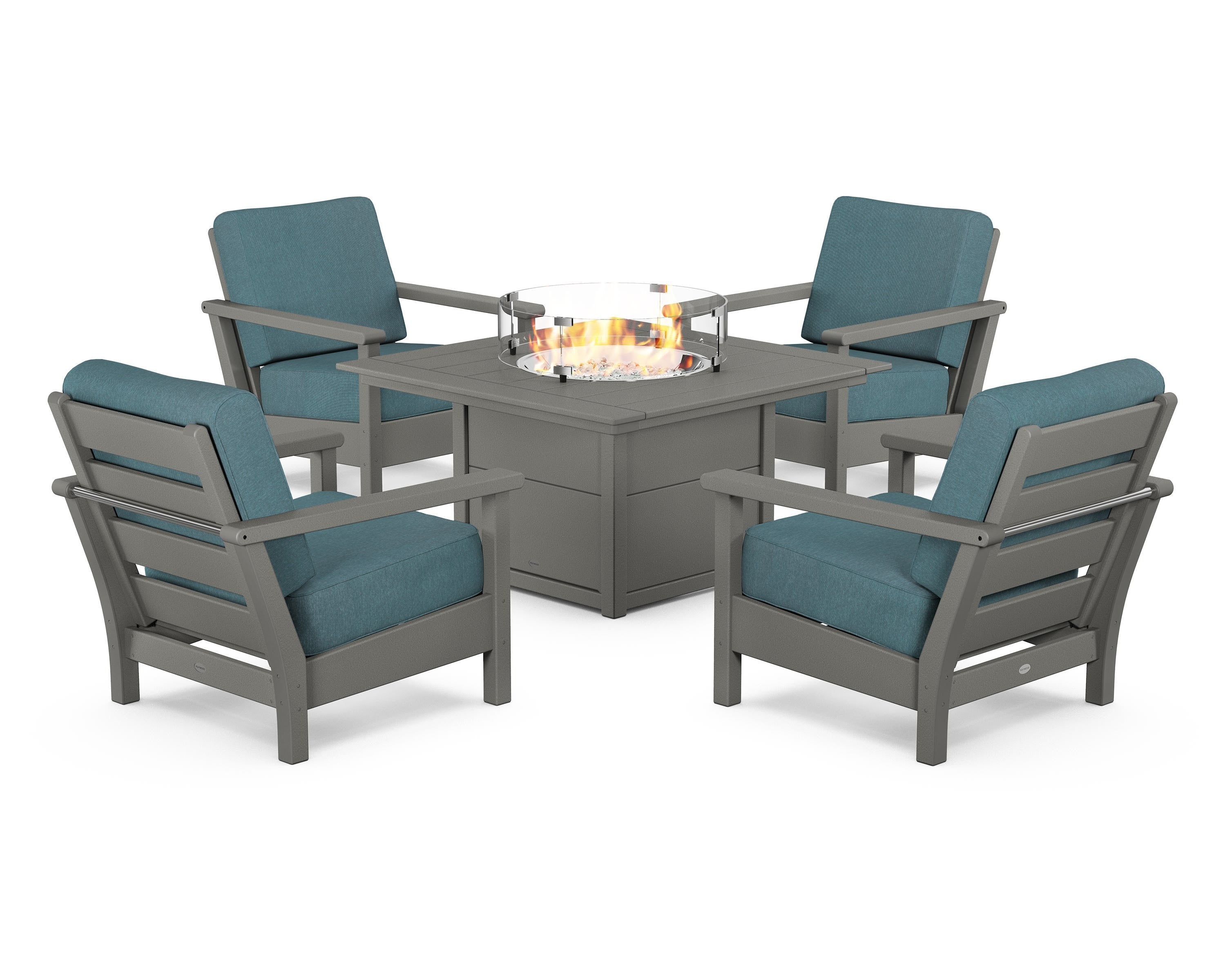 POLYWOOD Harbour 5-Piece Conversation Set with Fire Pit Table in Slate Grey / Ocean Teal