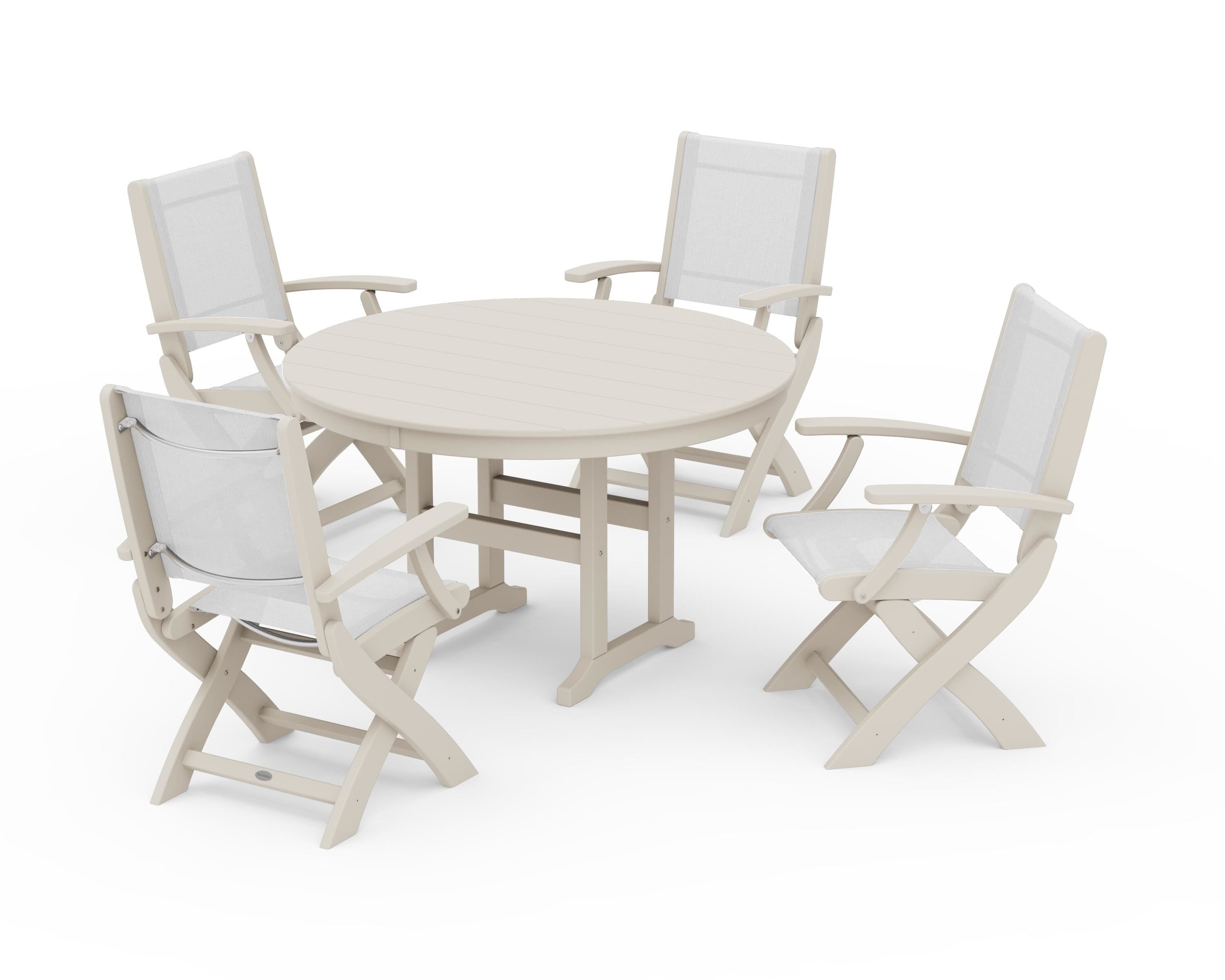 POLYWOOD Coastal Folding Chair 5-Piece Round Dining Set in Sand / White Sling
