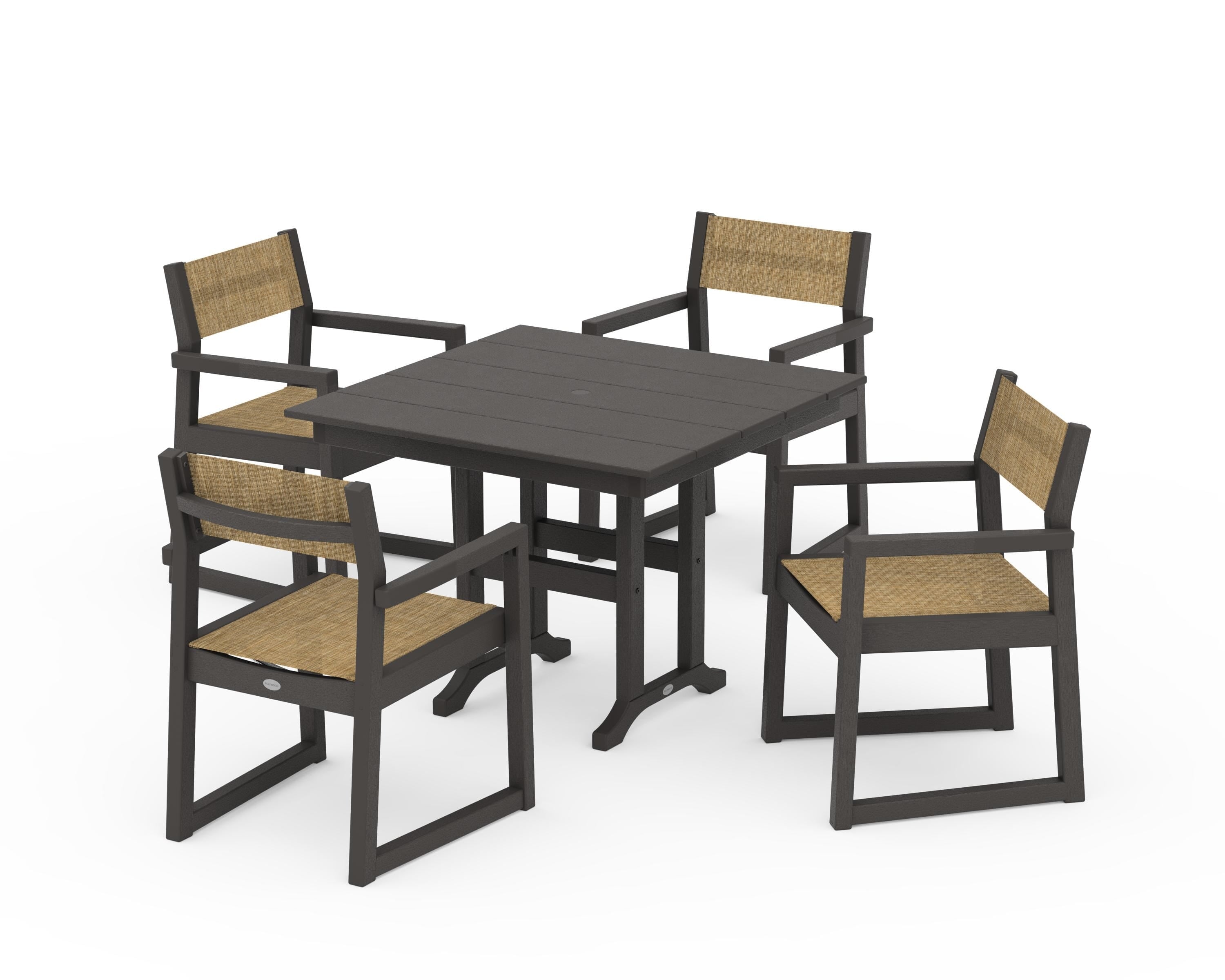 POLYWOOD EDGE Sling Arm Chair 5-Piece Farmhouse Dining Set in Vintage Coffee / Burlap Sling