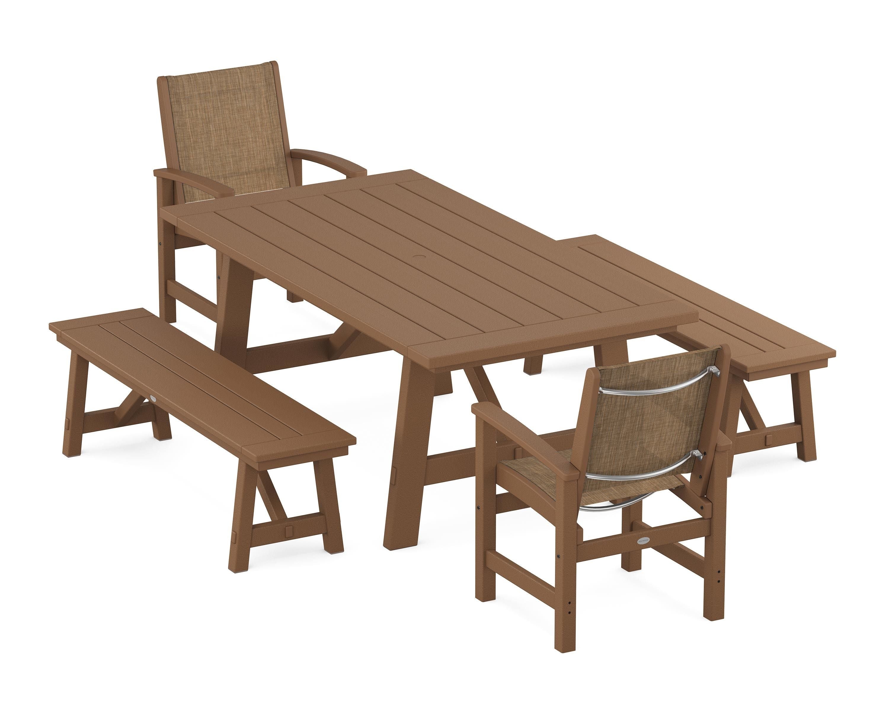 POLYWOOD Coastal 5-Piece Rustic Farmhouse Dining Set With Benches in Teak / Burlap Sling