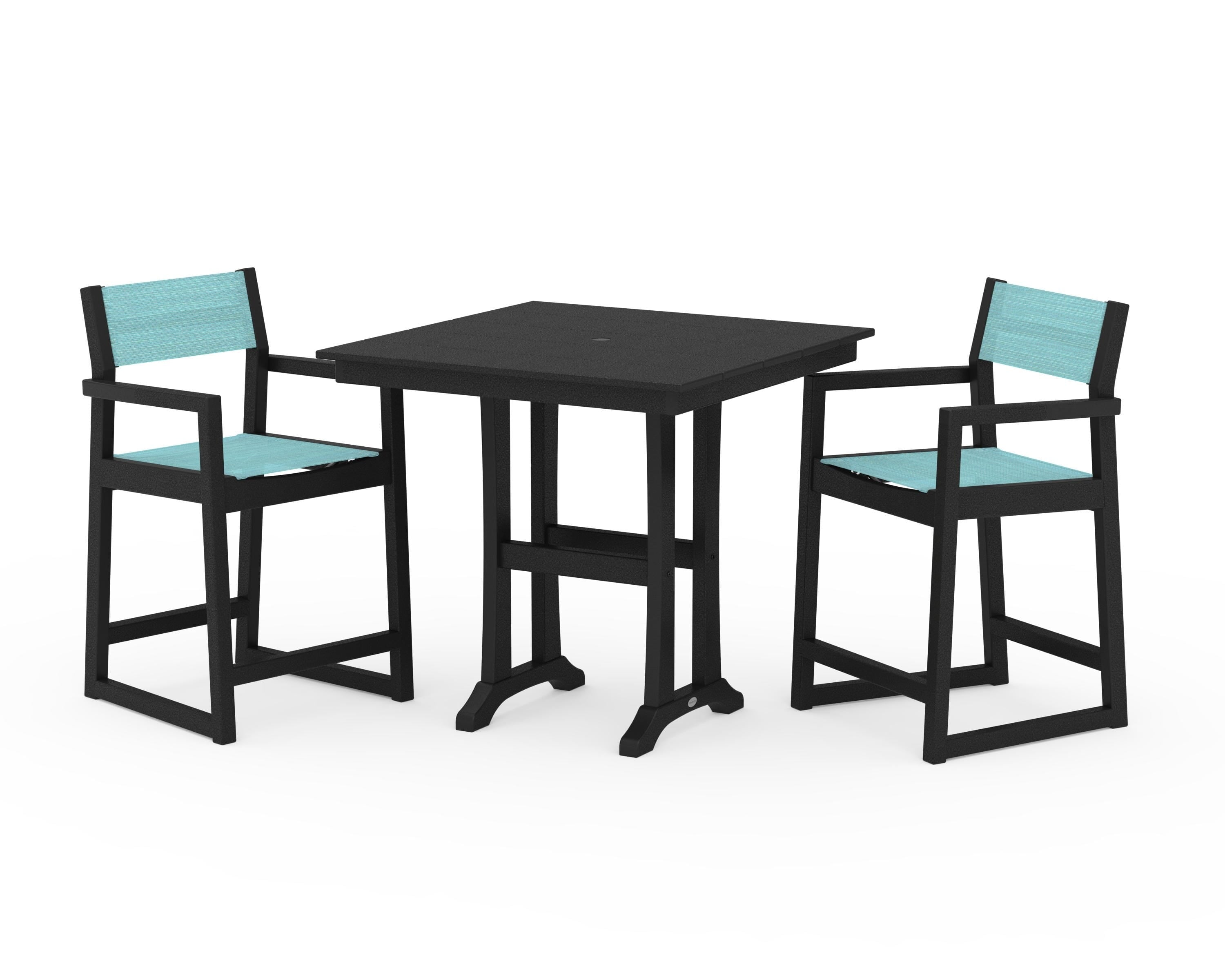 POLYWOOD EDGE Sling Arm Chair 3-Piece Farmhouse Counter Set with Trestle Legs in Black / Dupioni Aquamarine Sling