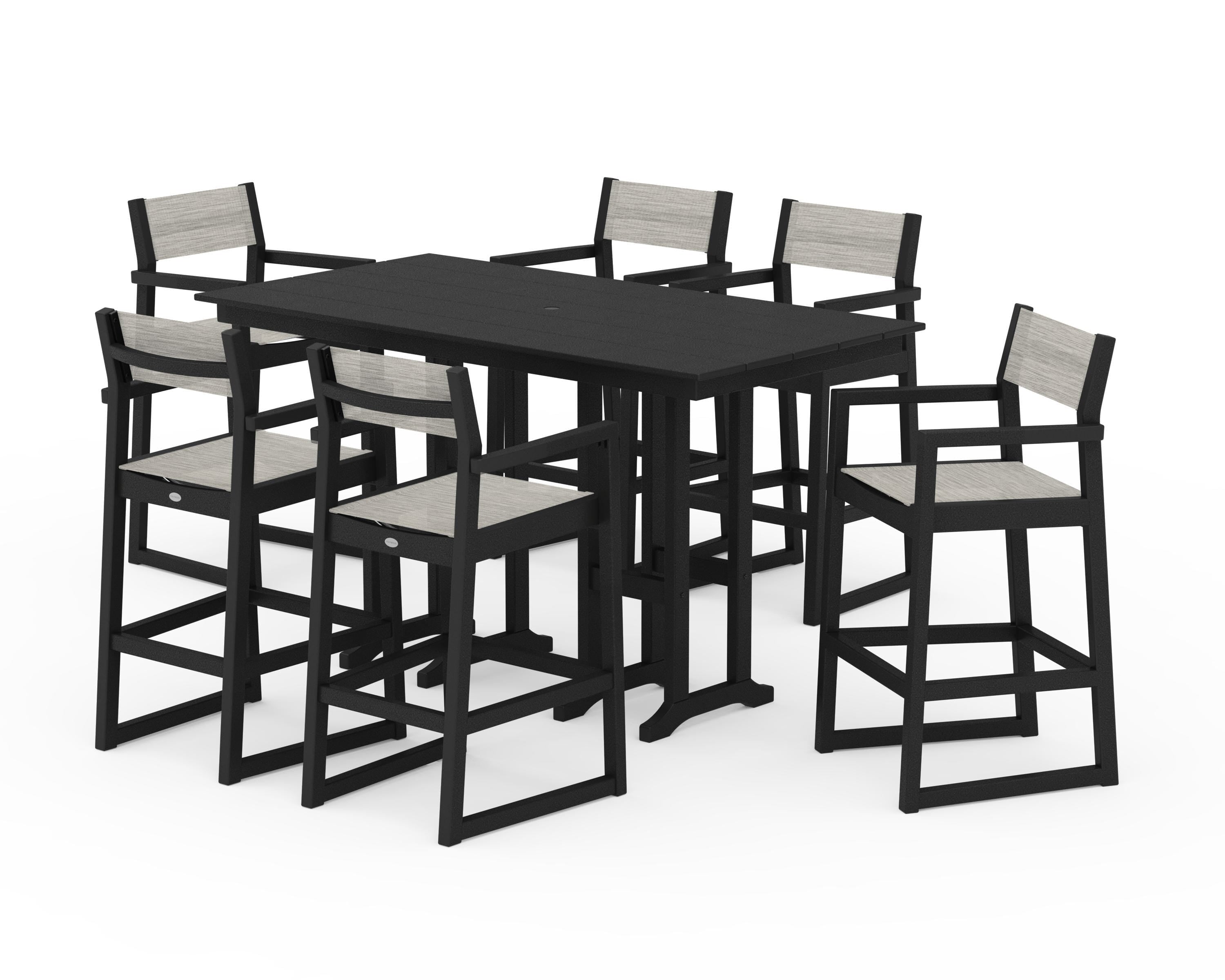 POLYWOOD EDGE Sling Arm Chair 7-Piece Farmhouse Bar Set in Black / Birch Sling
