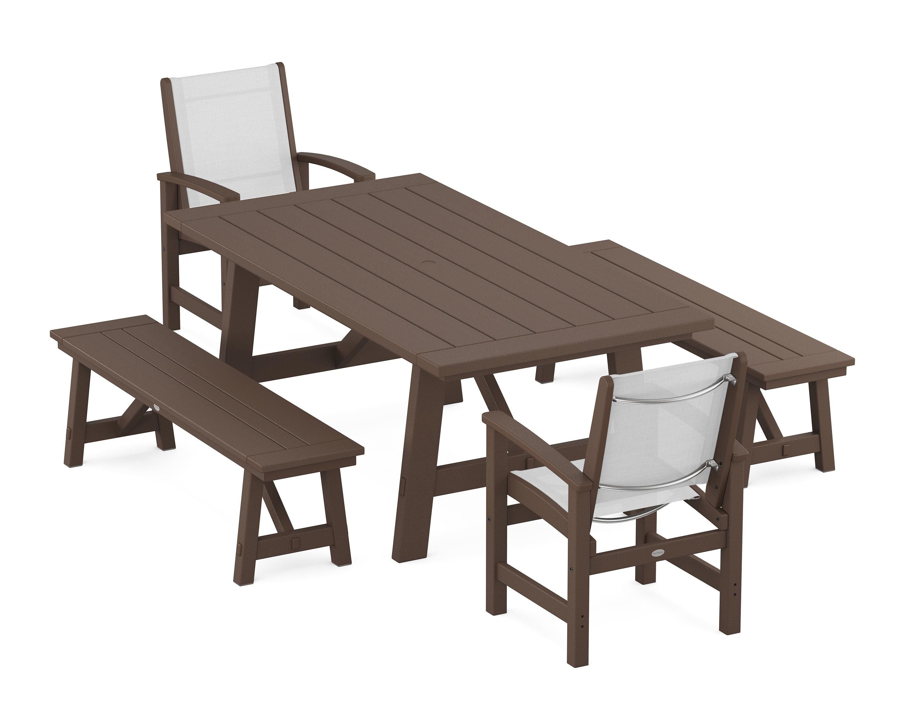 POLYWOOD Coastal 5-Piece Rustic Farmhouse Dining Set With Benches in Mahogany / White Sling