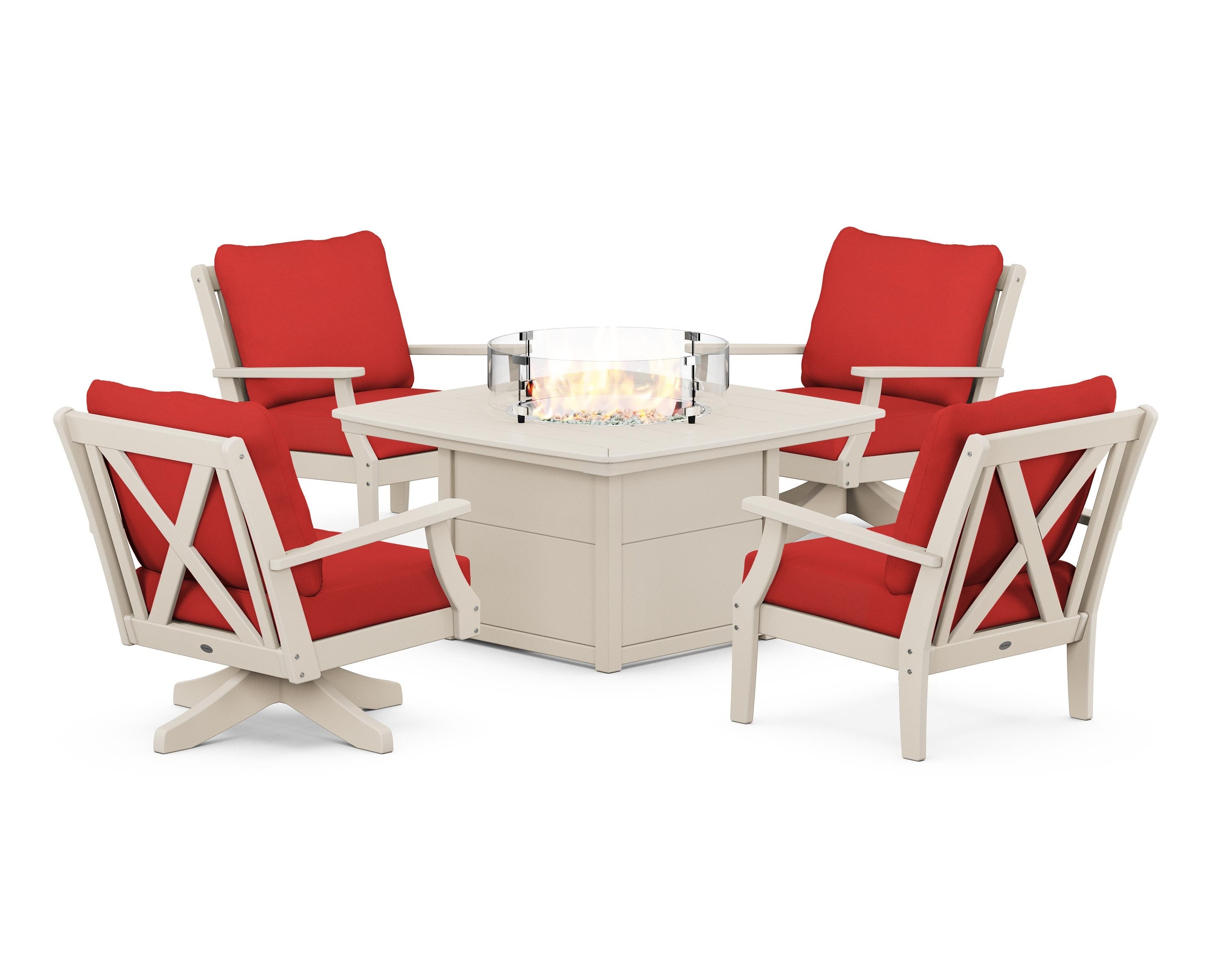 POLYWOOD Braxton 5-Piece Deep Seating Set with Fire Table in Sand / Crimson Linen