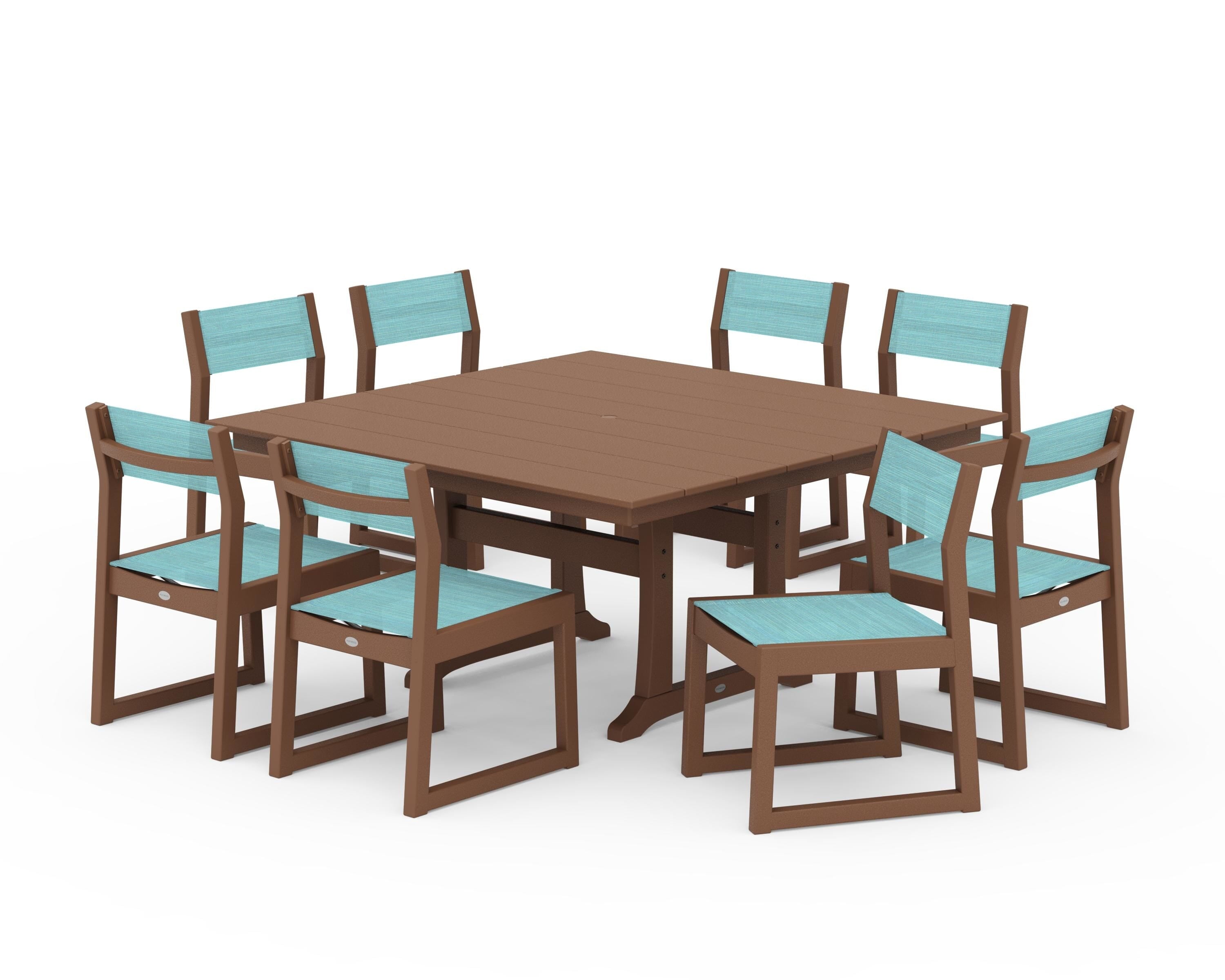 POLYWOOD EDGE Sling Side Chair 9-Piece Farmhouse Trestle Dining Set in Teak / Dupioni Aquamarine Sling