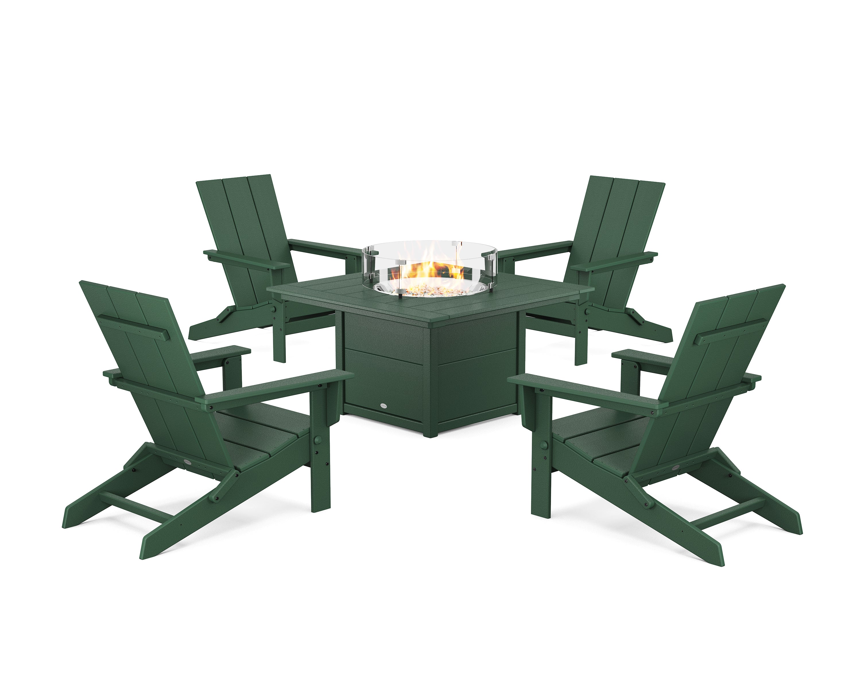 POLYWOOD® 5-Piece Modern Studio Folding Adirondack Conversation Set with Fire Pit Table in Green