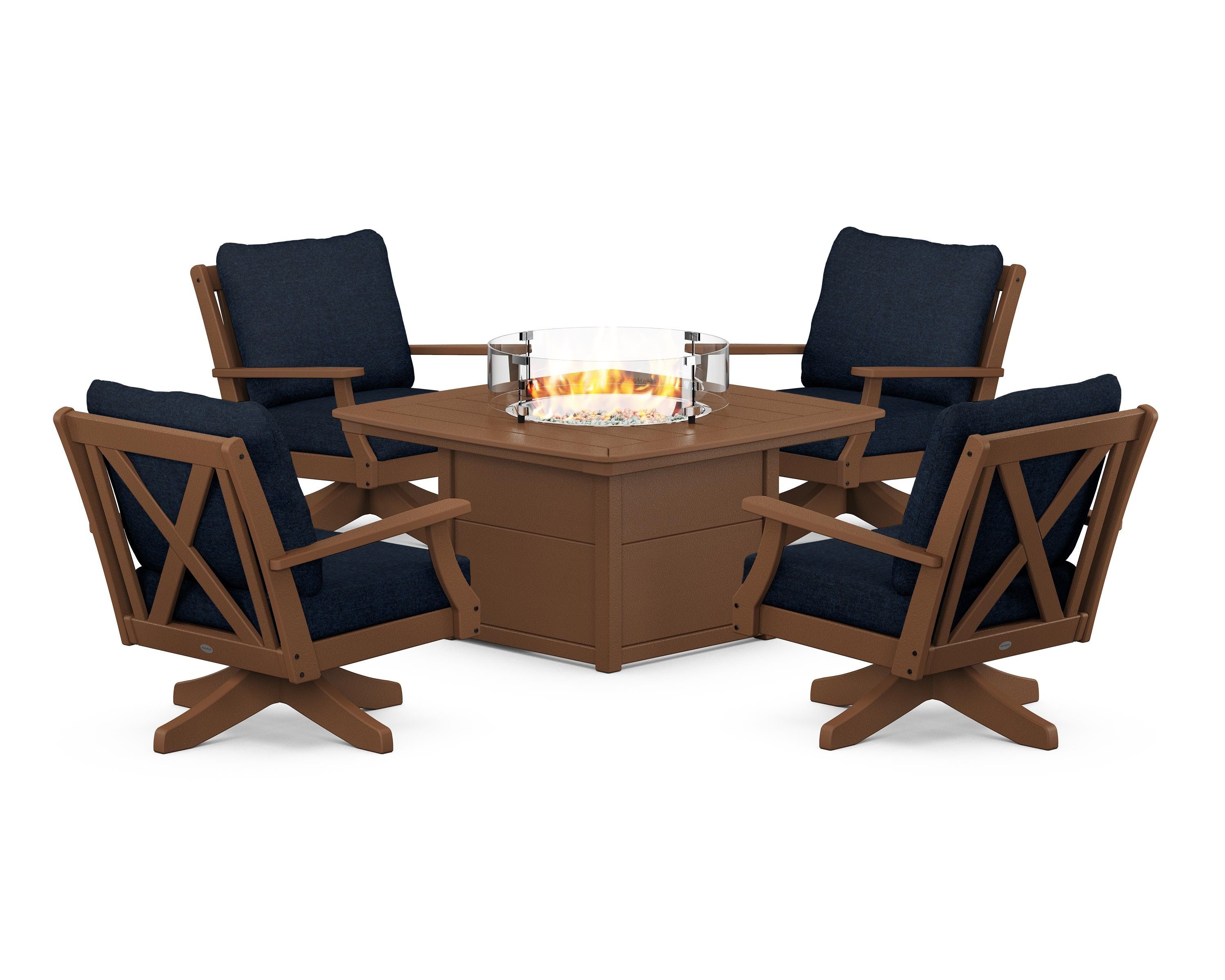 POLYWOOD Braxton 5-Piece Deep Seating Swivel Conversation Set with Fire Pit Table in Teak / Marine Indigo