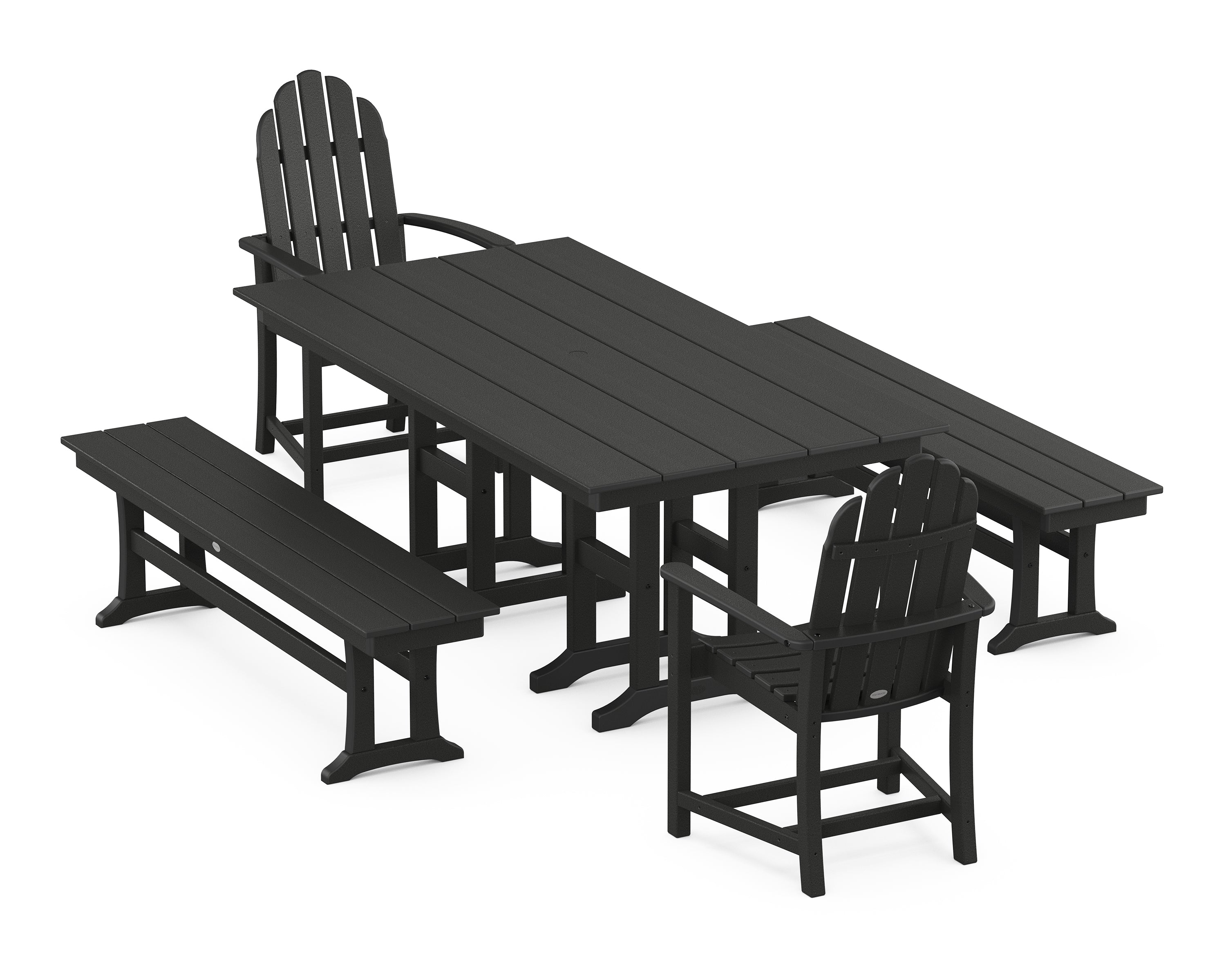 POLYWOOD® Classic Adirondack 5-Piece Farmhouse Dining Set with Benches in Black