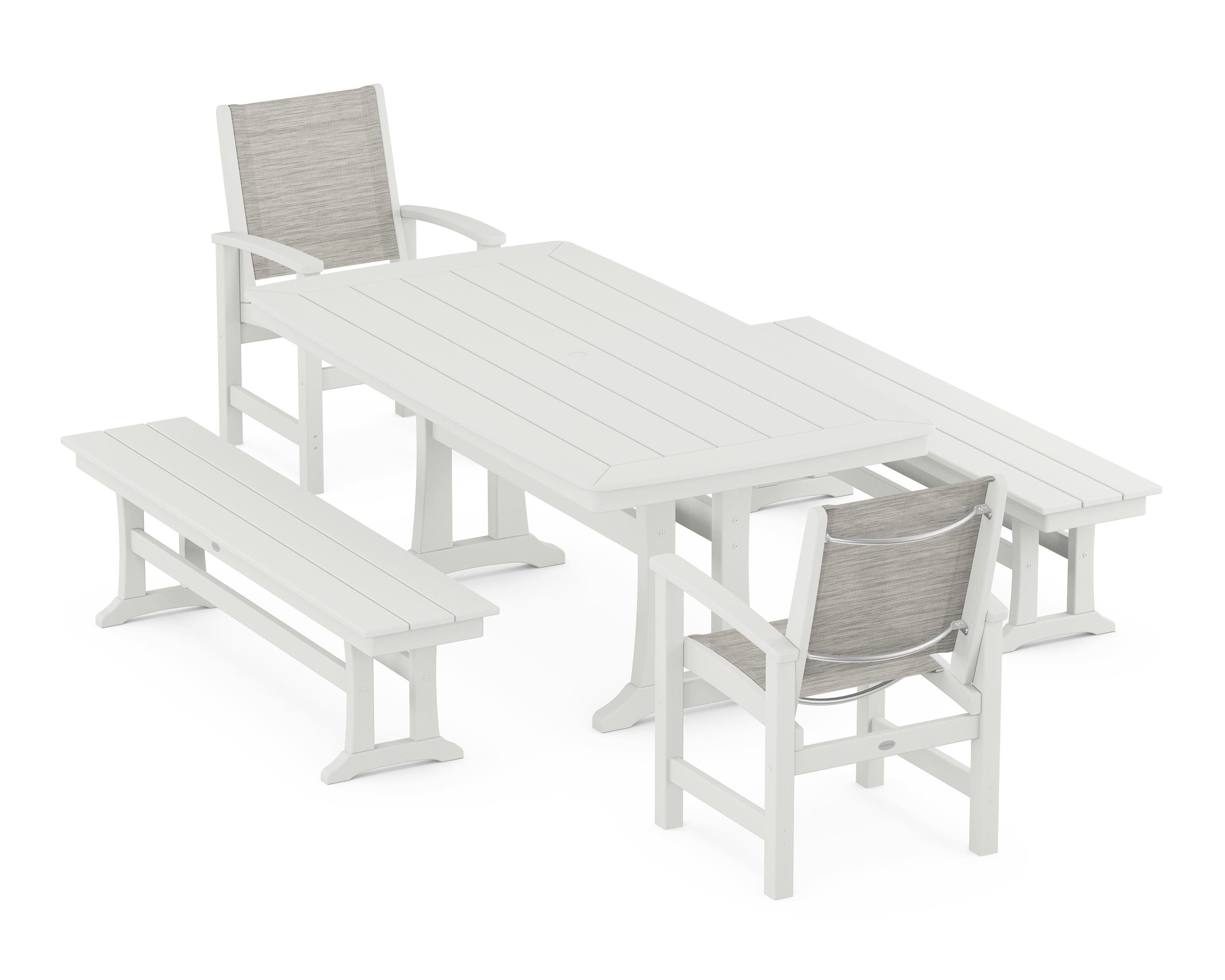 POLYWOOD Coastal 5-Piece Dining Set with Trestle Legs and Benches in Vintage White / Birch Sling