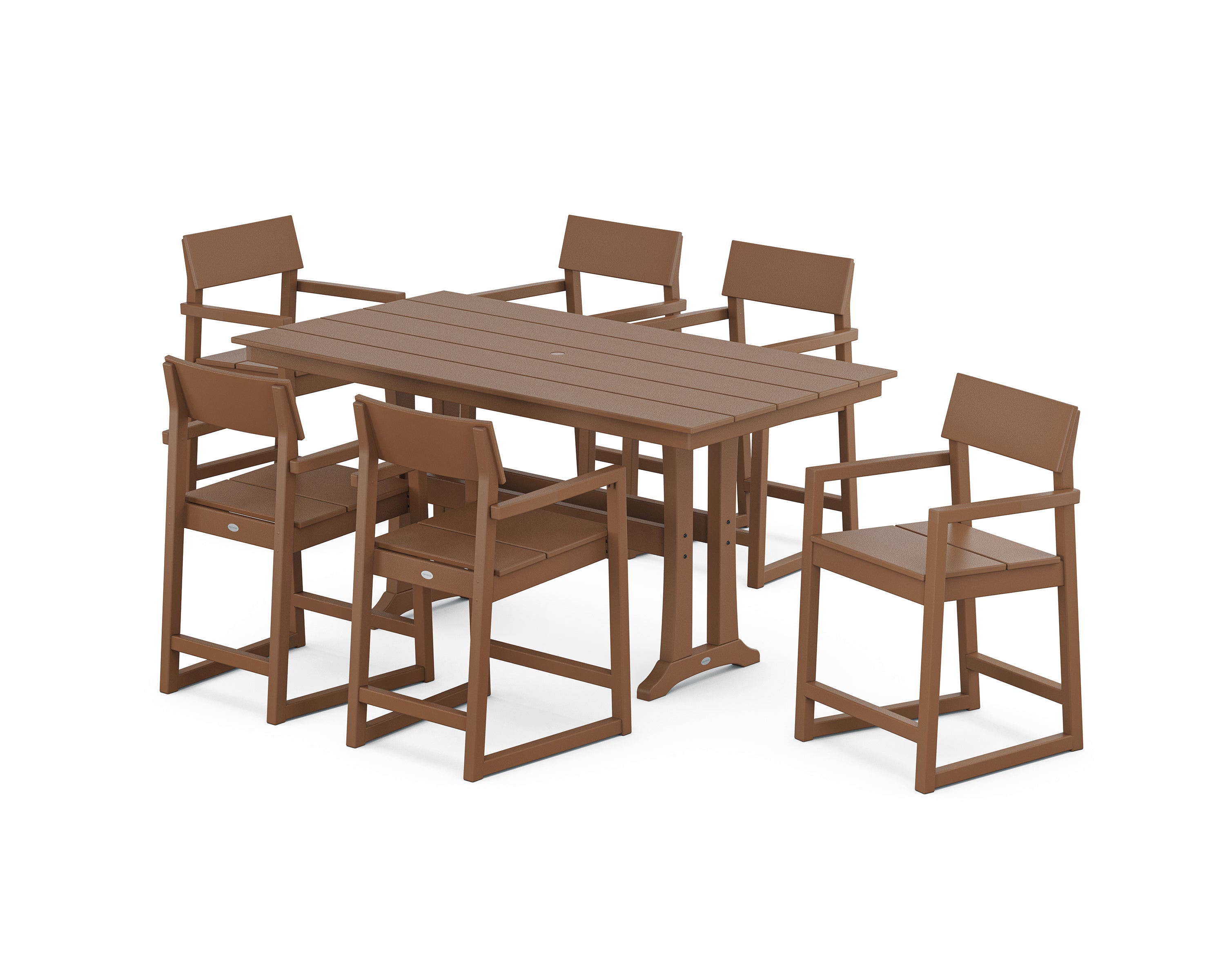 POLYWOOD® EDGE Arm Chair 7-Piece Farmhouse Counter Set with Trestle Legs in Teak