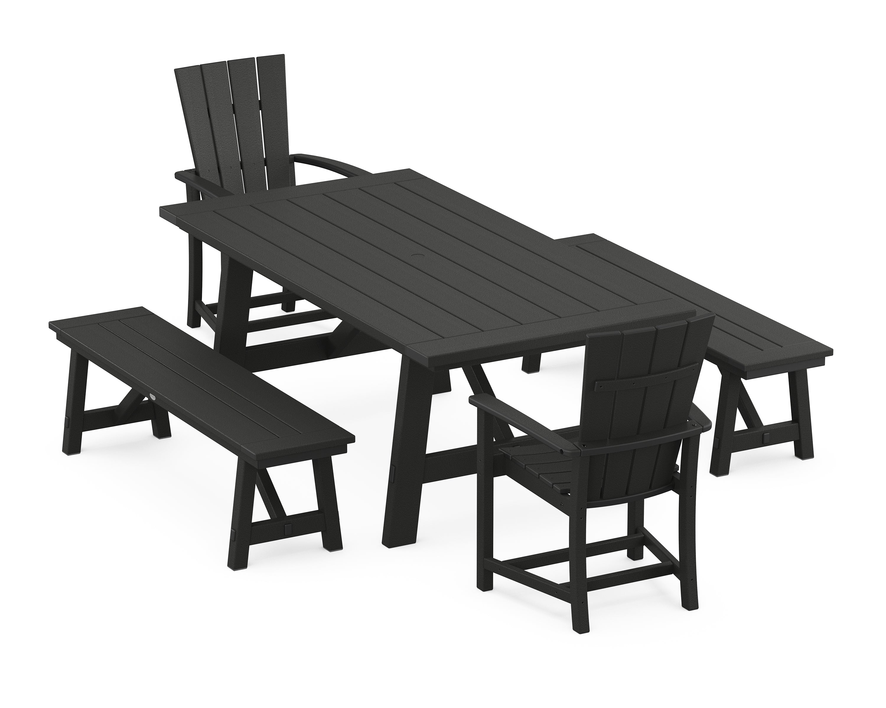 POLYWOOD® Quattro 5-Piece Rustic Farmhouse Dining Set With Benches in Black