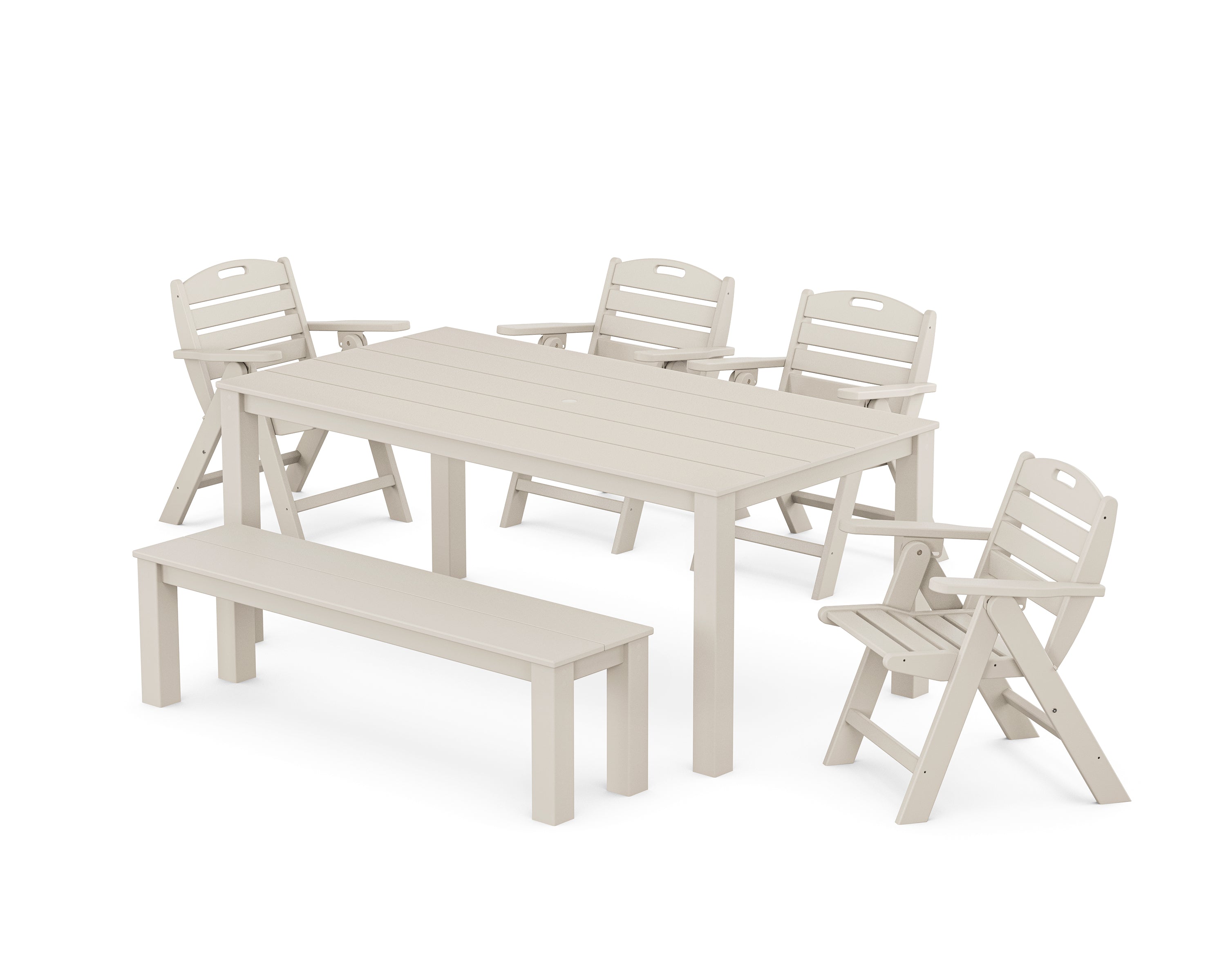 POLYWOOD® Nautical Folding Lowback Chair 6-Piece Parsons Dining Set with Bench in Sand