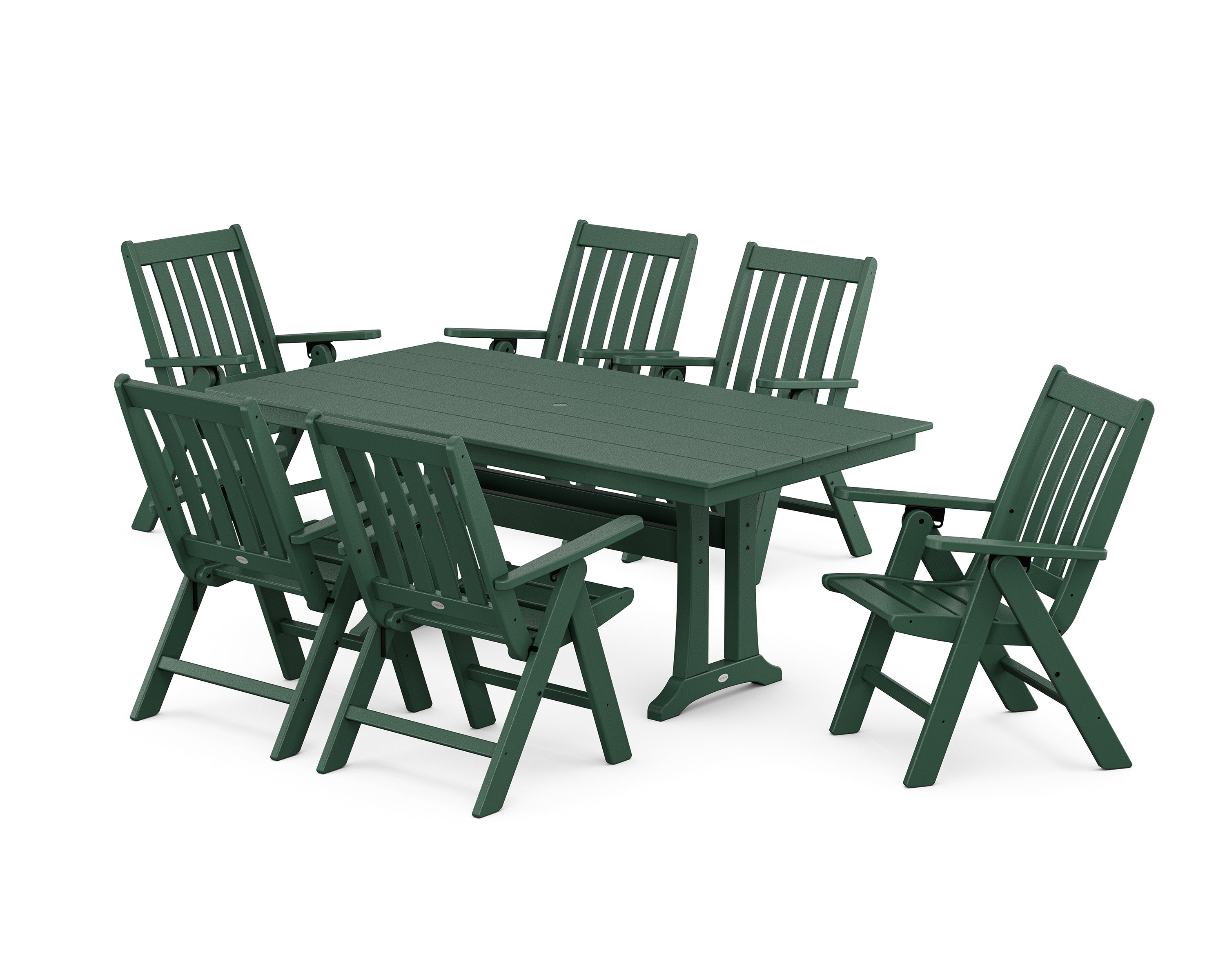 POLYWOOD Vineyard Folding Chair 7-Piece Farmhouse Dining Set with Trestle Legs in Green