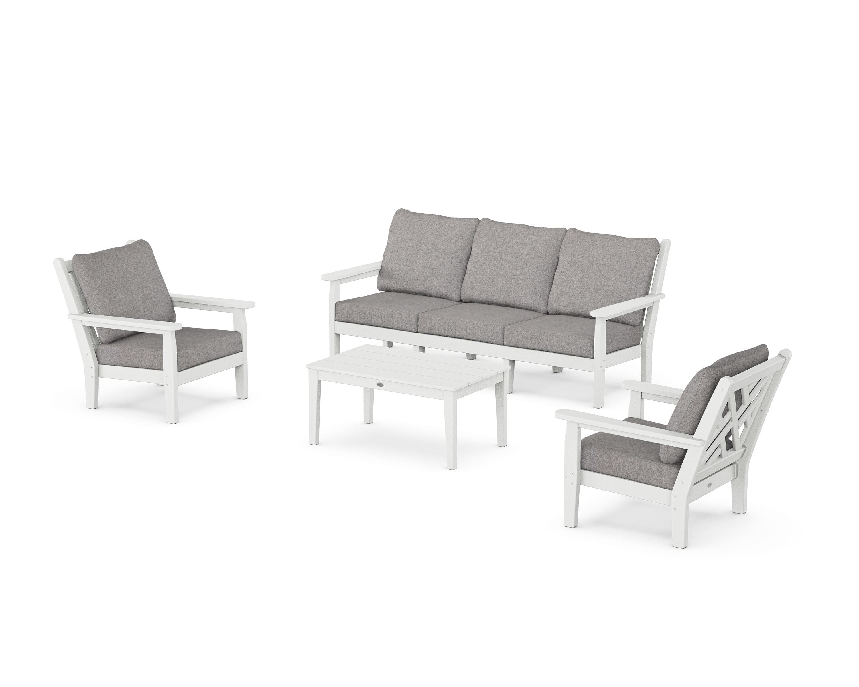 POLYWOOD Chippendale 4-Piece Deep Seating Set with Sofa in White / Grey Mist