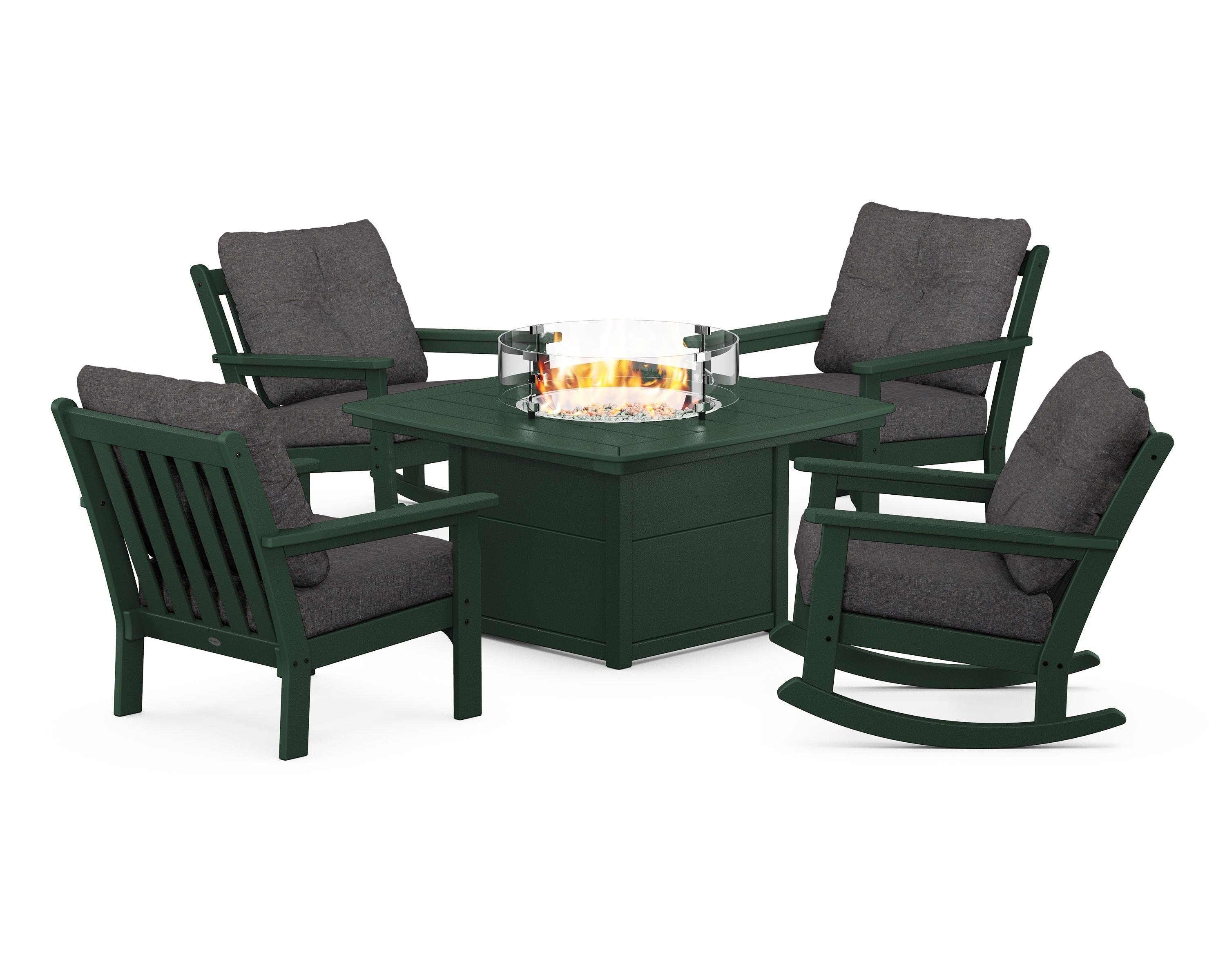 POLYWOOD Vineyard 5-Piece Deep Seating Rocking Chair Conversation Set with Fire Pit Table in Green / Ash Charcoal