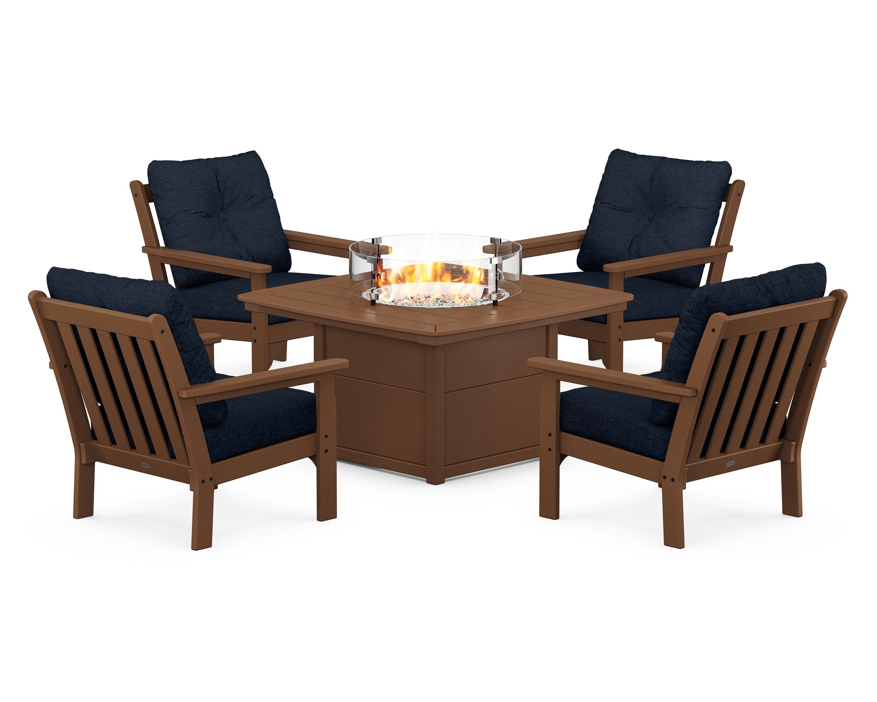 POLYWOOD Vineyard 5-Piece Conversation Set with Fire Pit Table in Teak / Marine Indigo