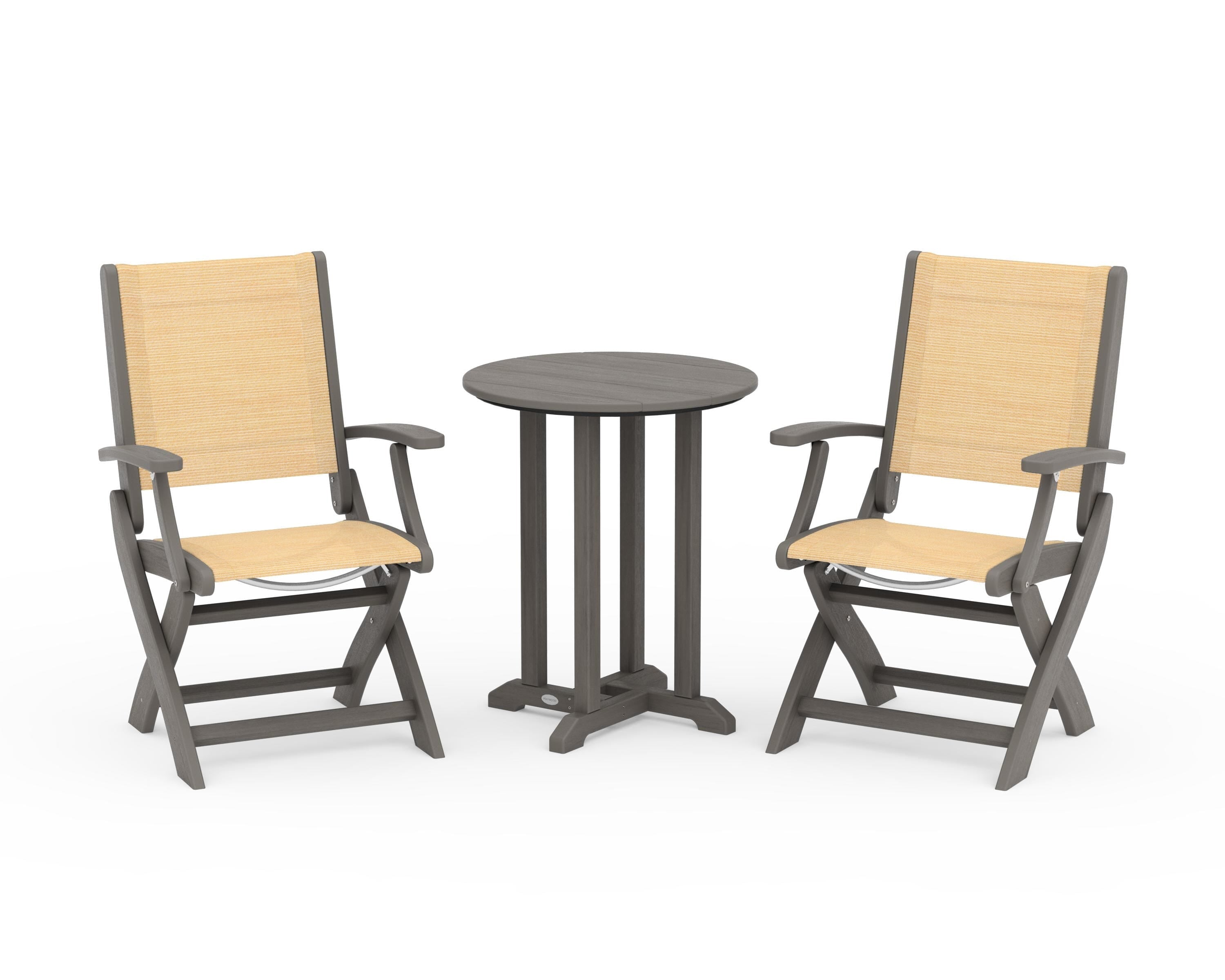 POLYWOOD Coastal Folding 3-Piece Round Bistro Dining Set in Driftwood / Dupioni Apricot Sling