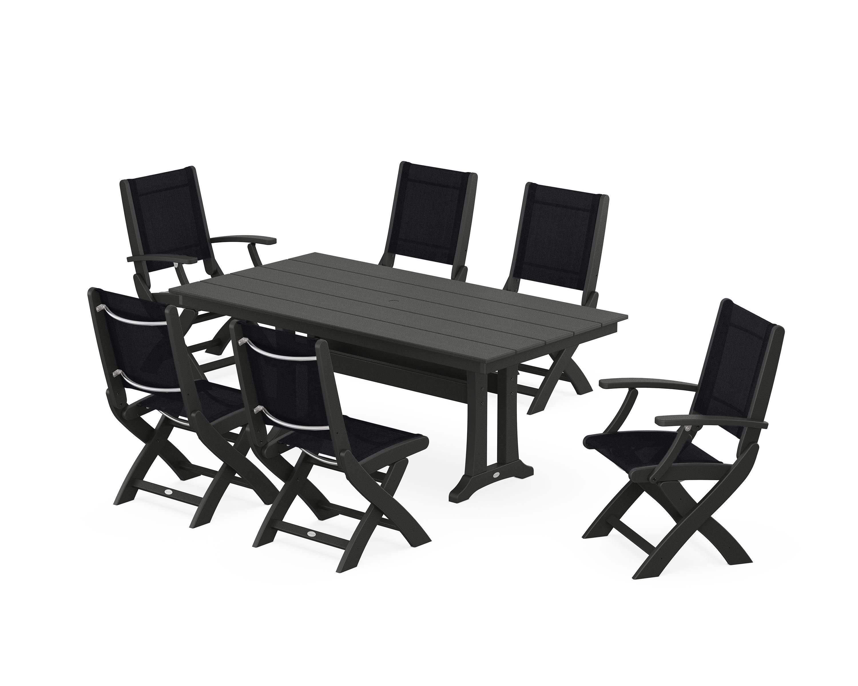 POLYWOOD Coastal Folding Chair 7-Piece Farmhouse Dining Set with Trestle Legs in Black / Black Sling